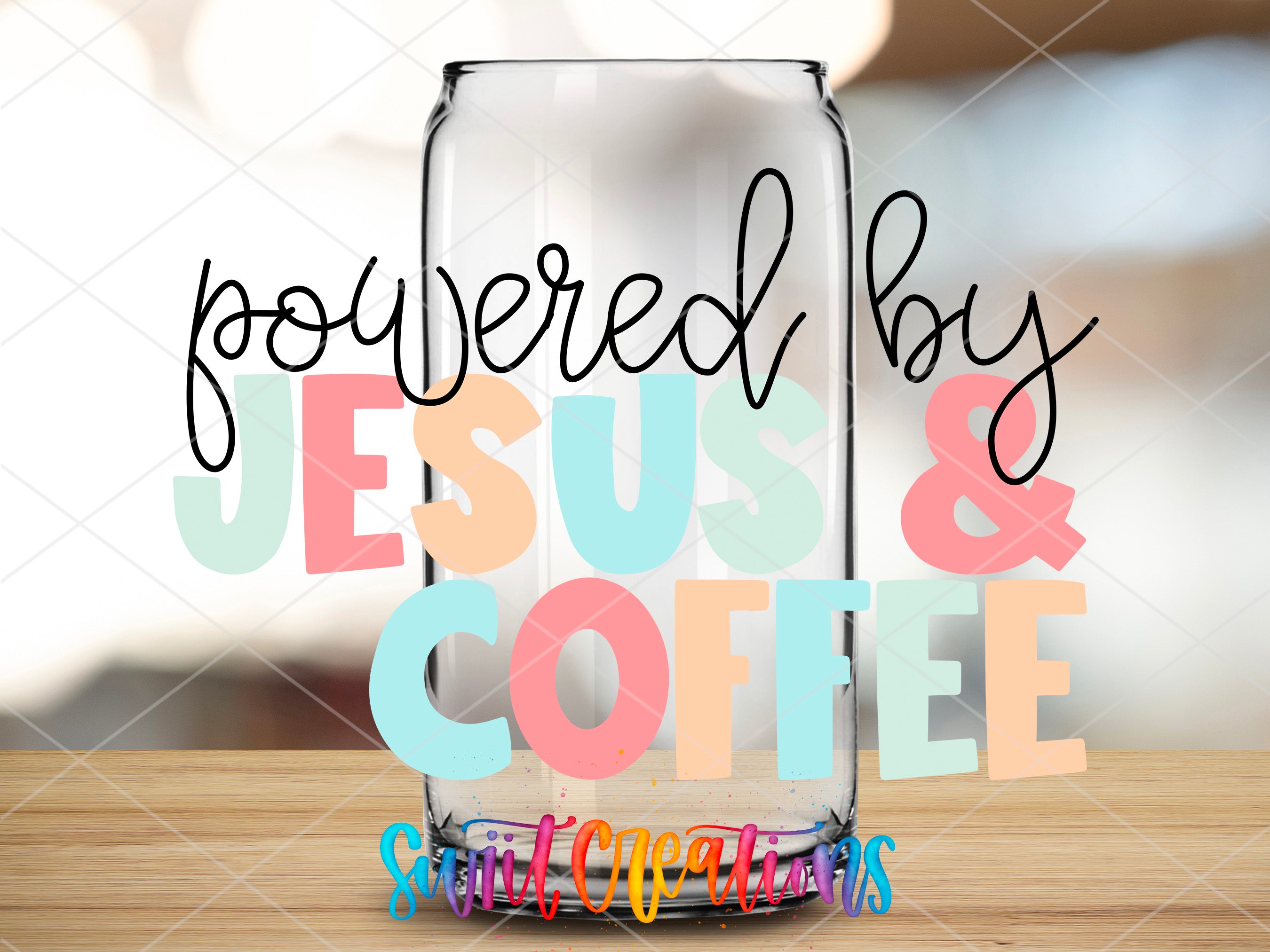 a glass jar with the word jesus and coffee on it