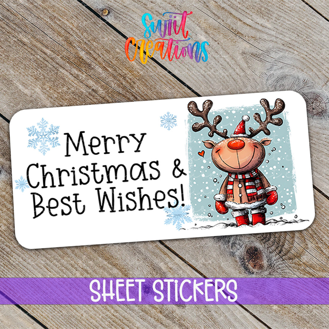 a merry christmas and best wishes sticker on a wooden surface