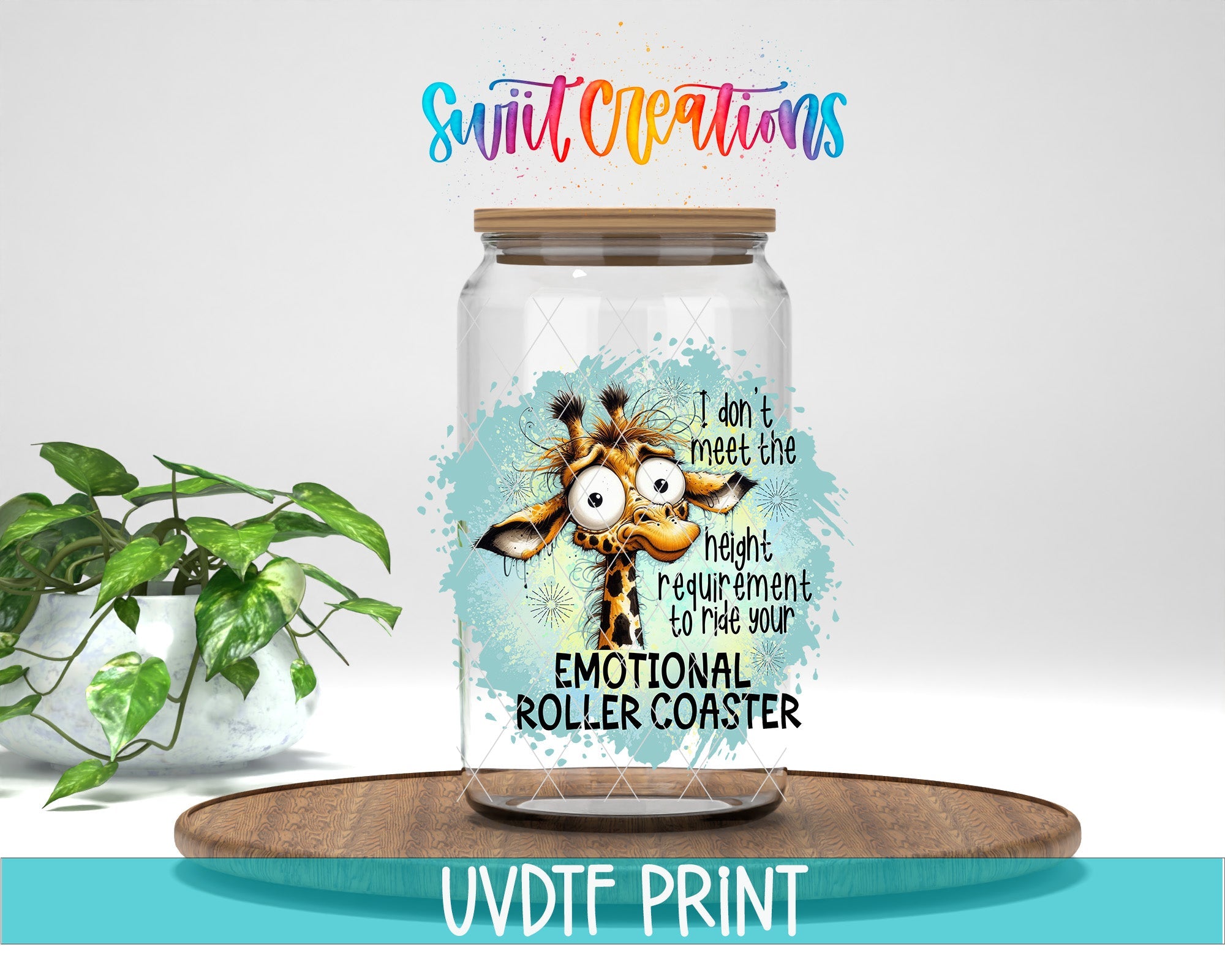 a glass jar with a picture of a giraffe on it