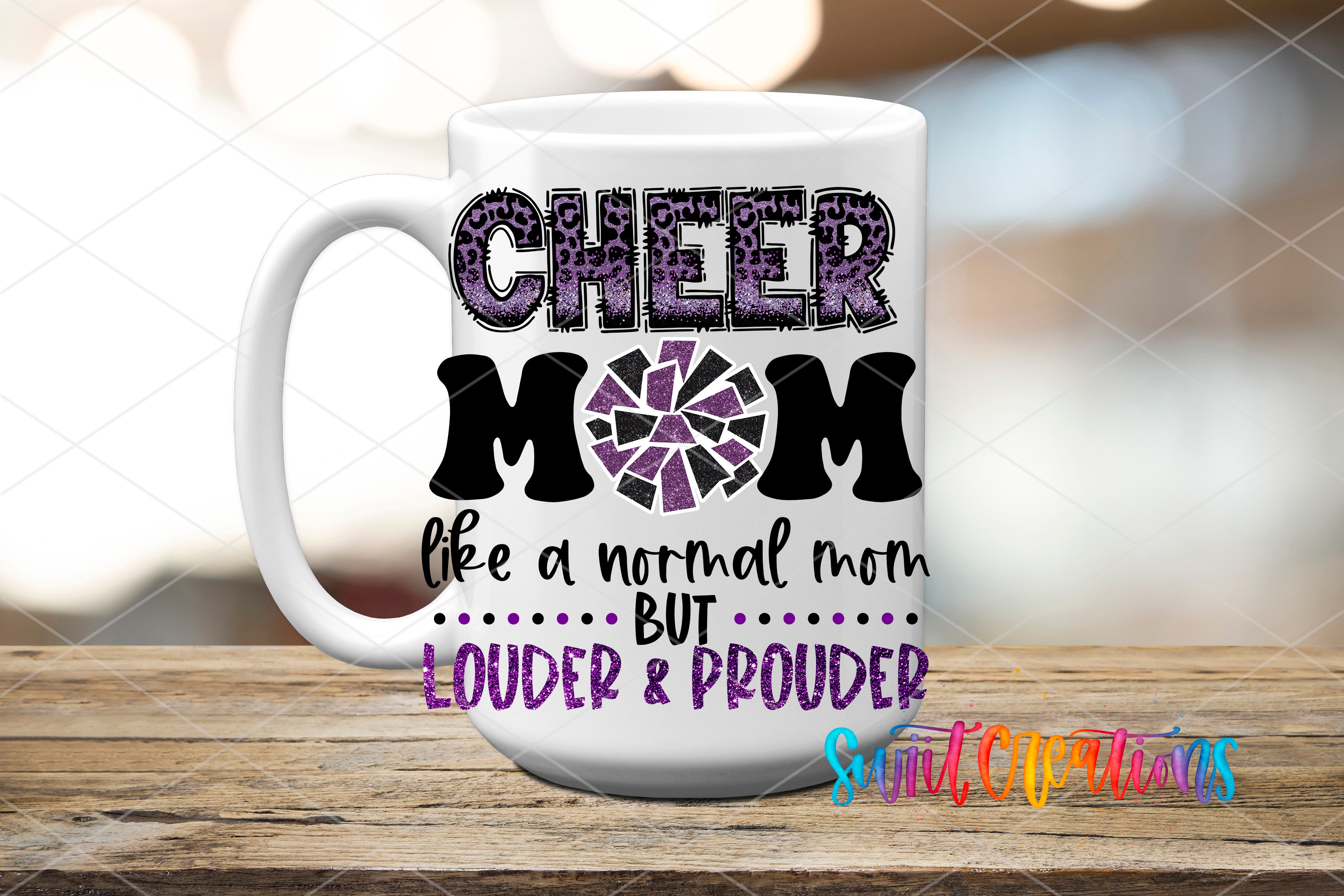A white mug with text and graphics printed on it, placed on a wooden surface.
