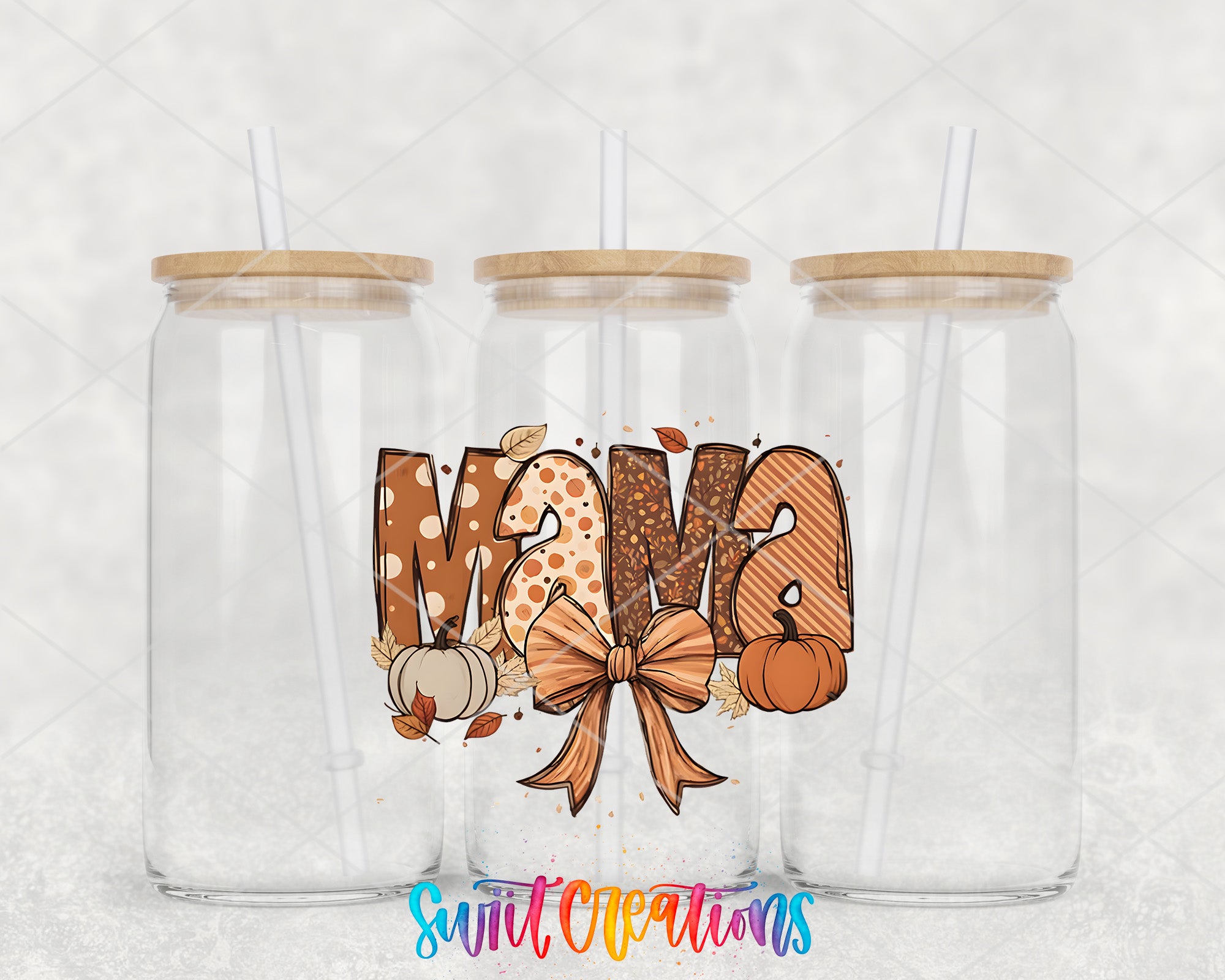two clear tumblers with a bow and the word mom printed on them
