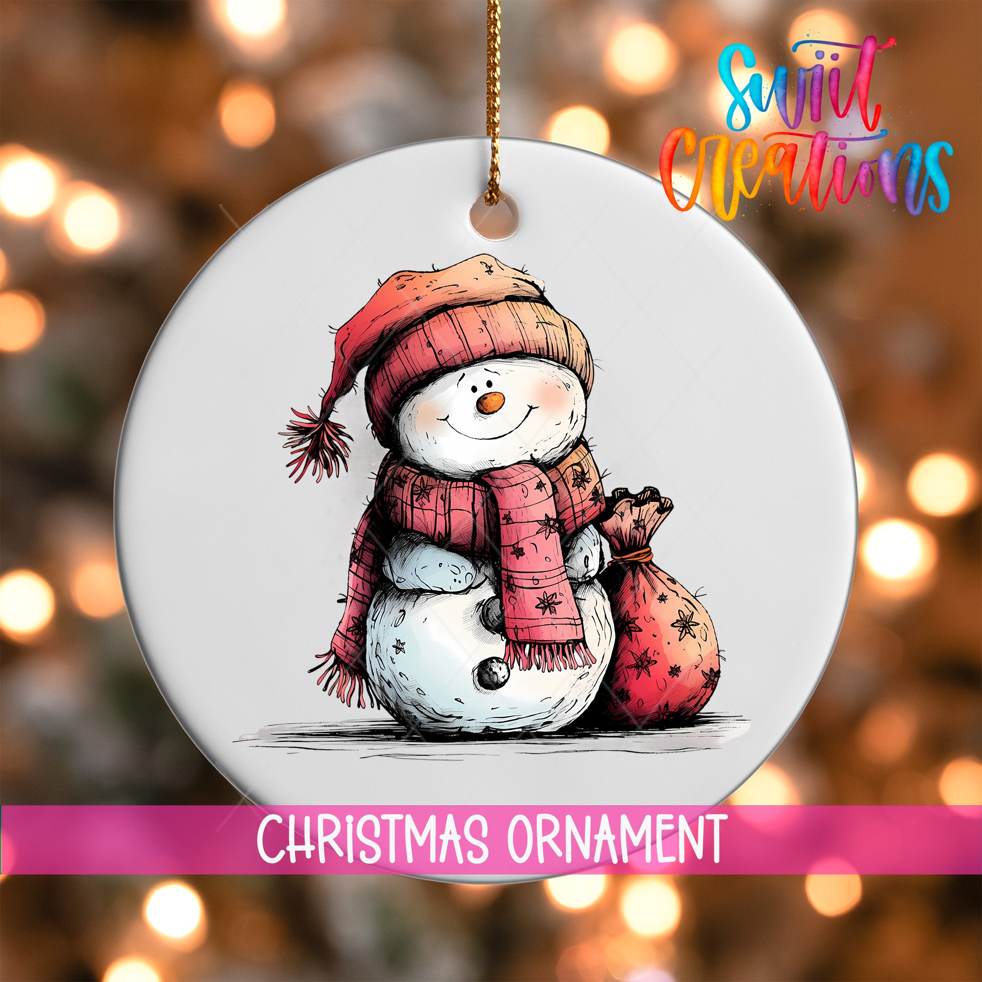 A snowman ornament with a red scarf and a bag, set against a blurred background with Christmas lights.