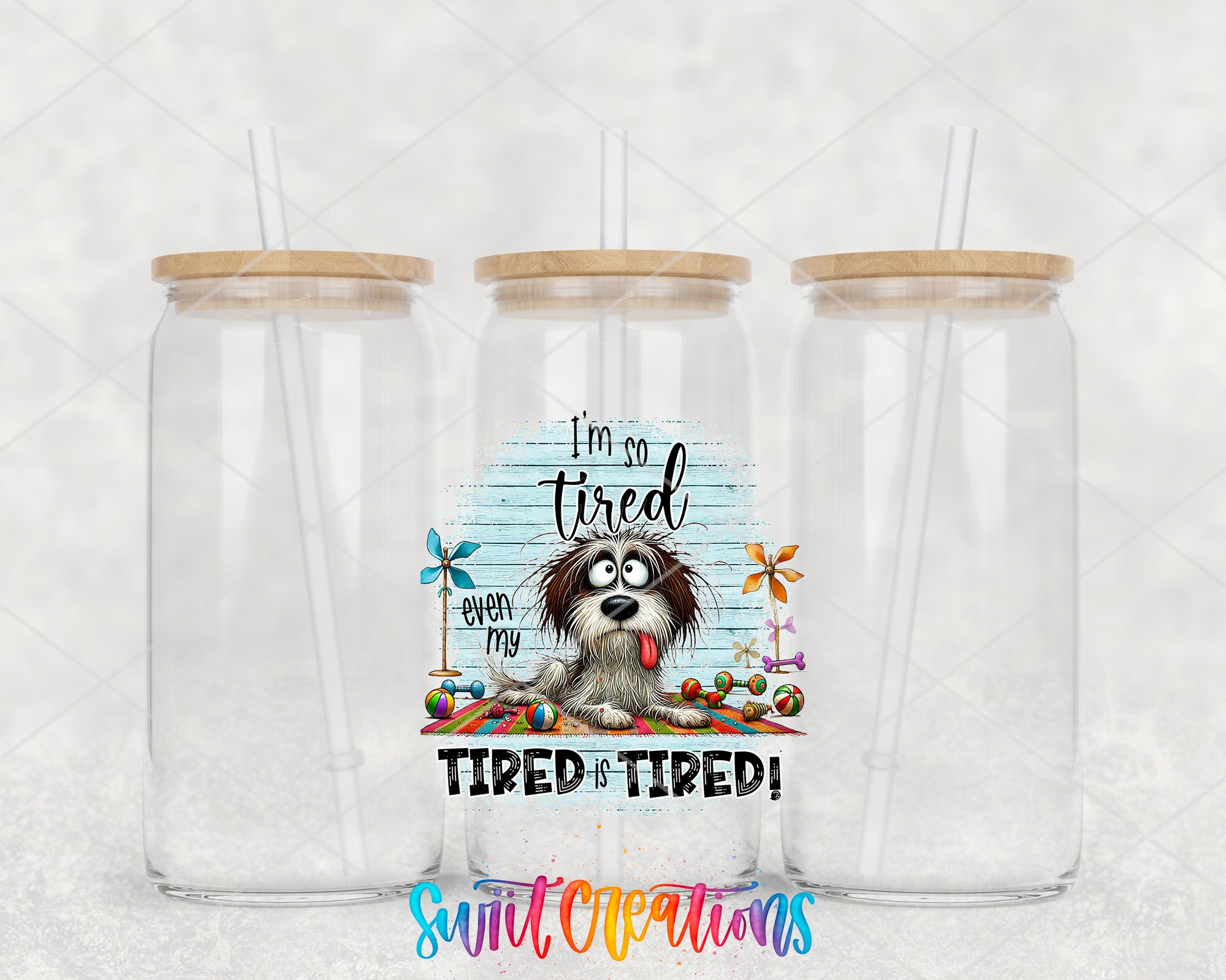 two clear tumblers with a picture of a dog on them