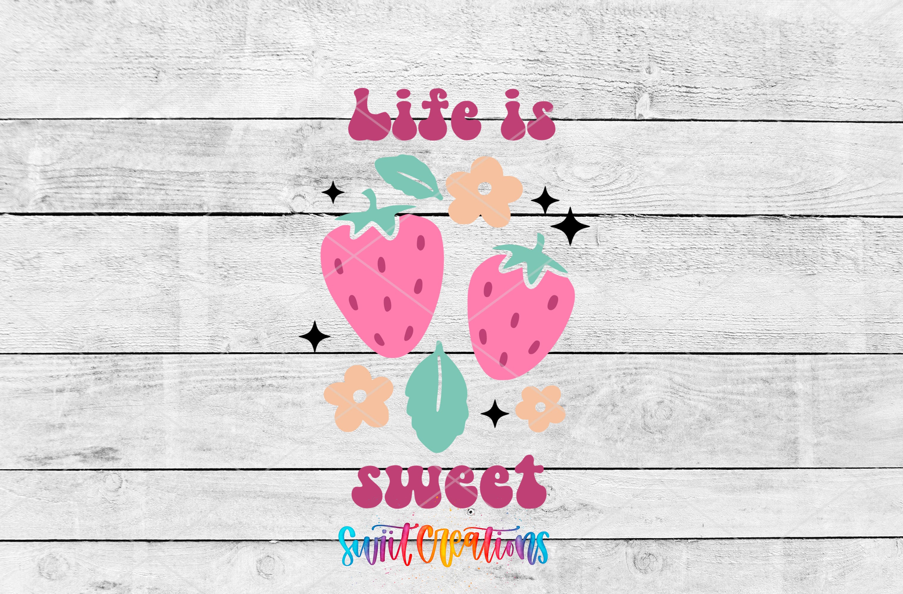 a colorful and whimsical design with the text "Life is sweet" and various fruit-related elements such as strawberries and flowers.