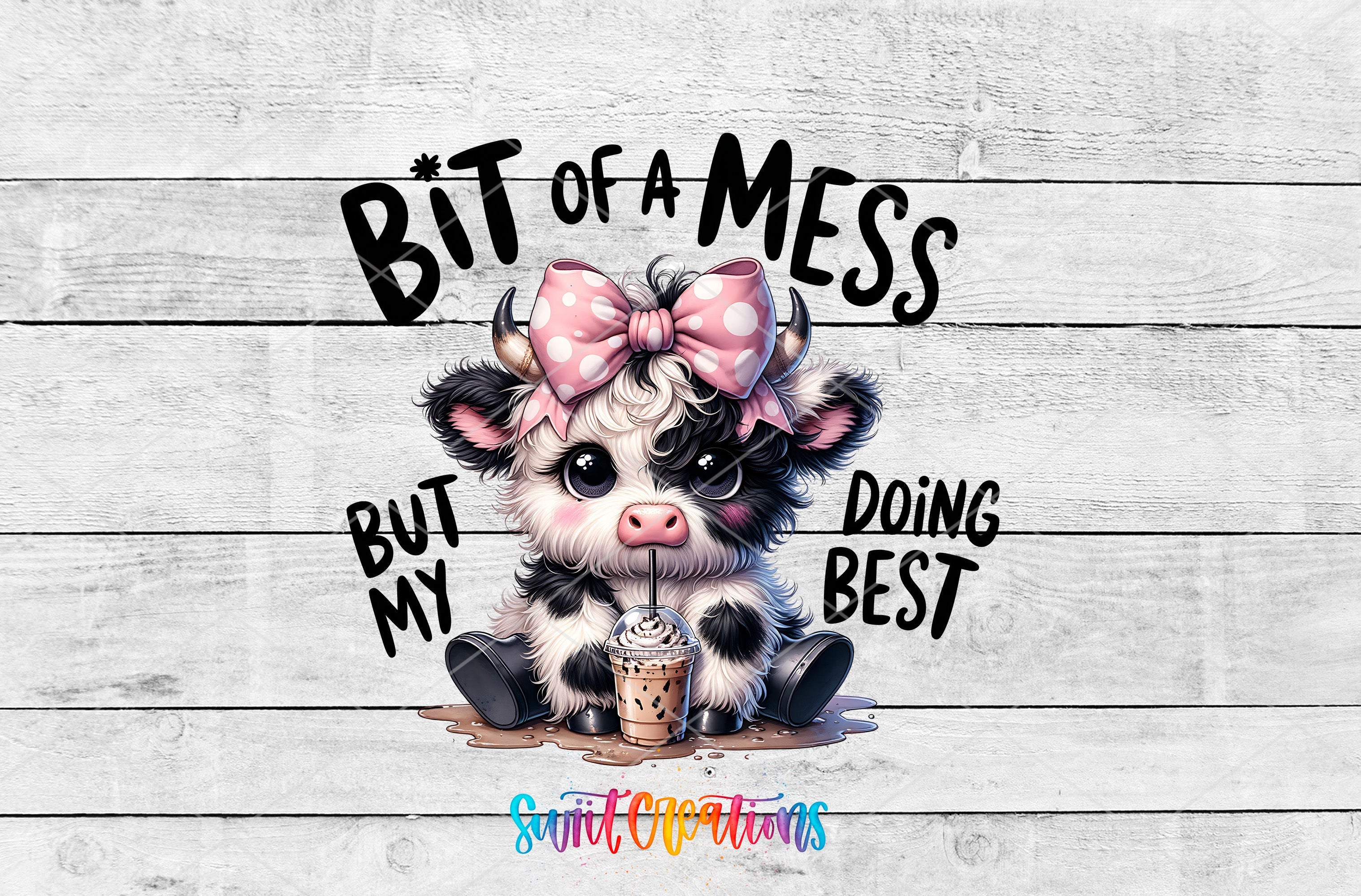 a picture of a cow with a pink bow on it's head