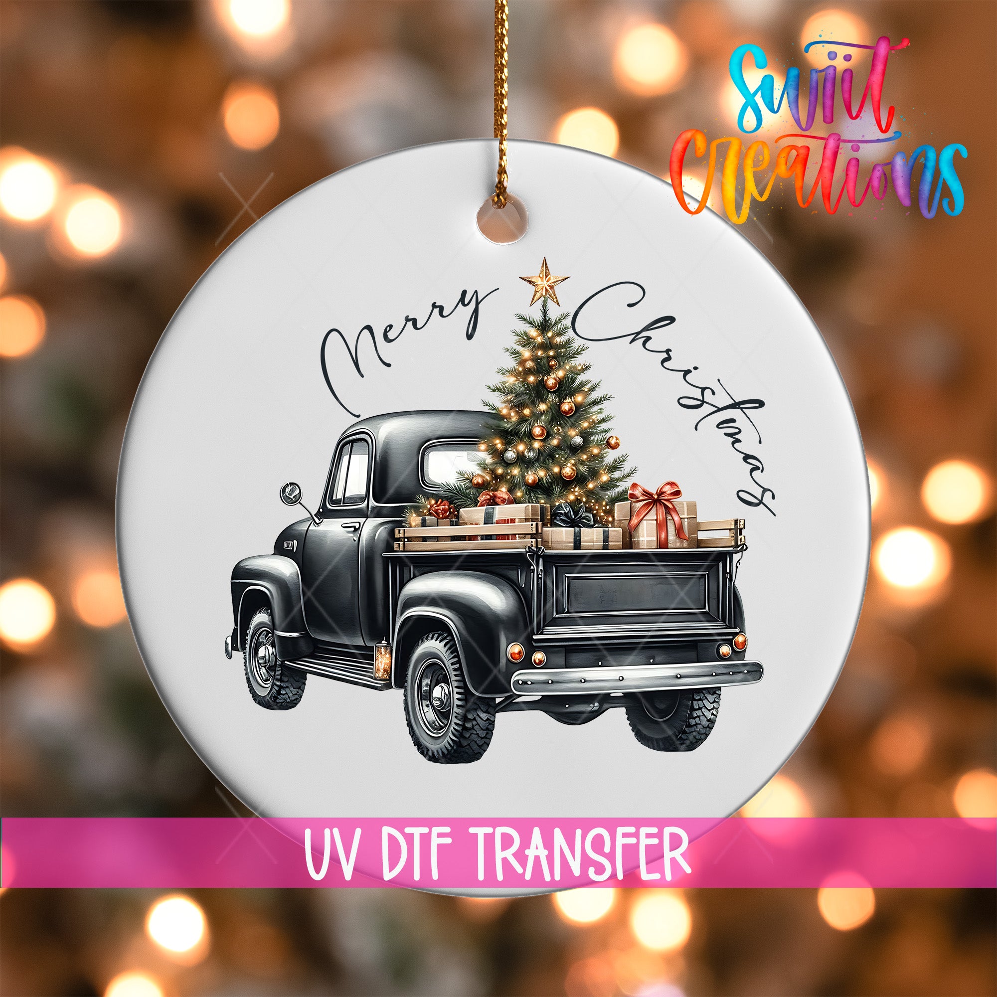 A white ornament with a black vintage truck carrying a Christmas tree and presents.