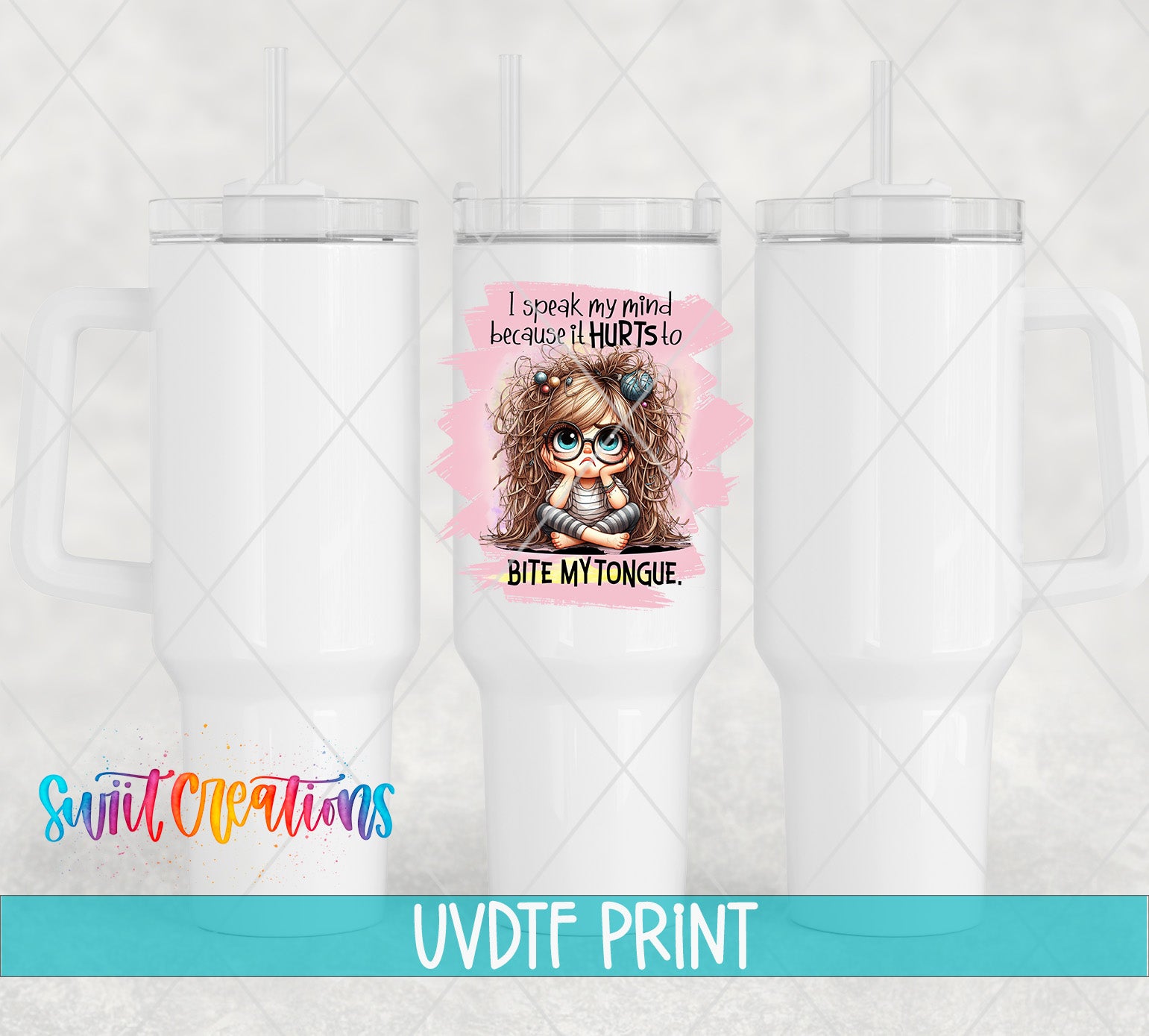 a white tumbler with a printed design on it, including a cartoon character and text.