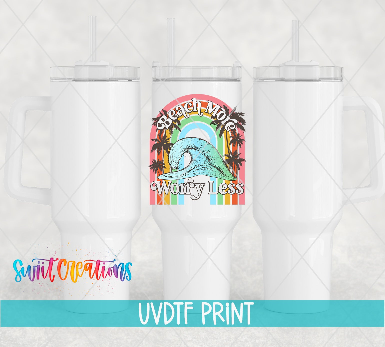 three white tumblers with a colorful graphic design on them.