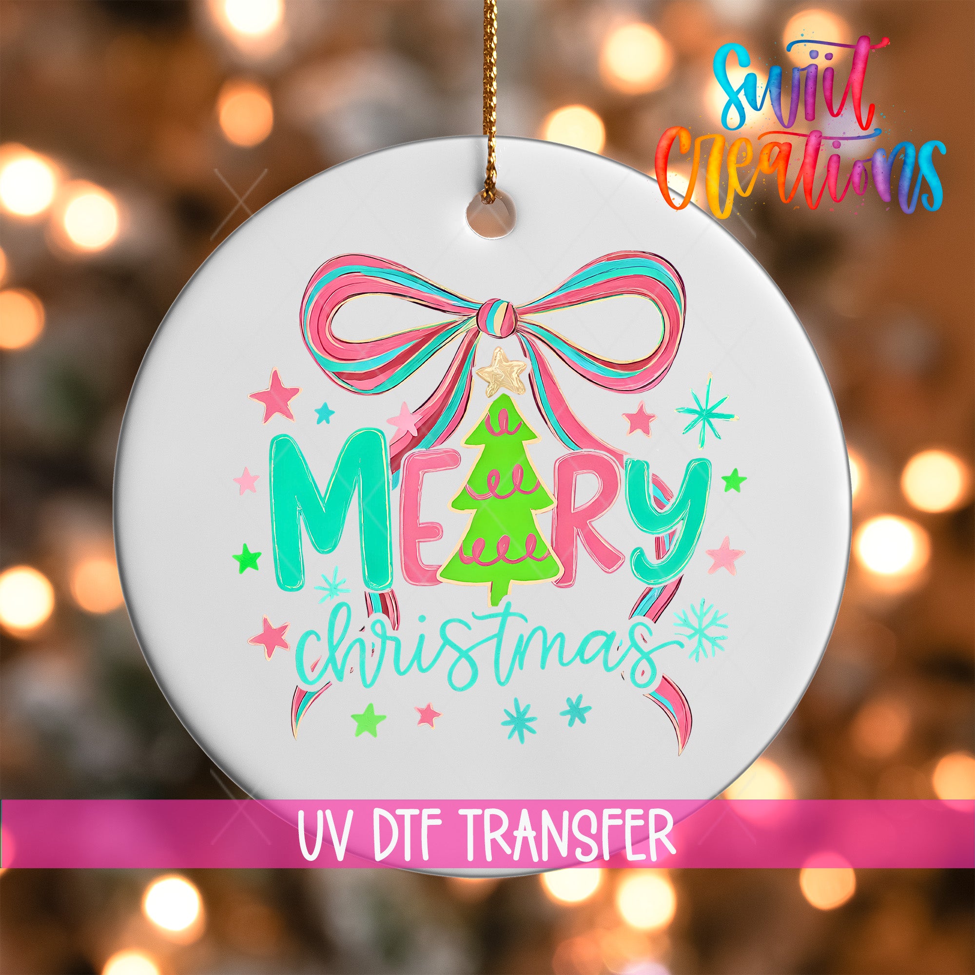 A white ceramic ornament with a colorful design featuring a bow, stars, and the text "Merry Christmas" in a festive style.