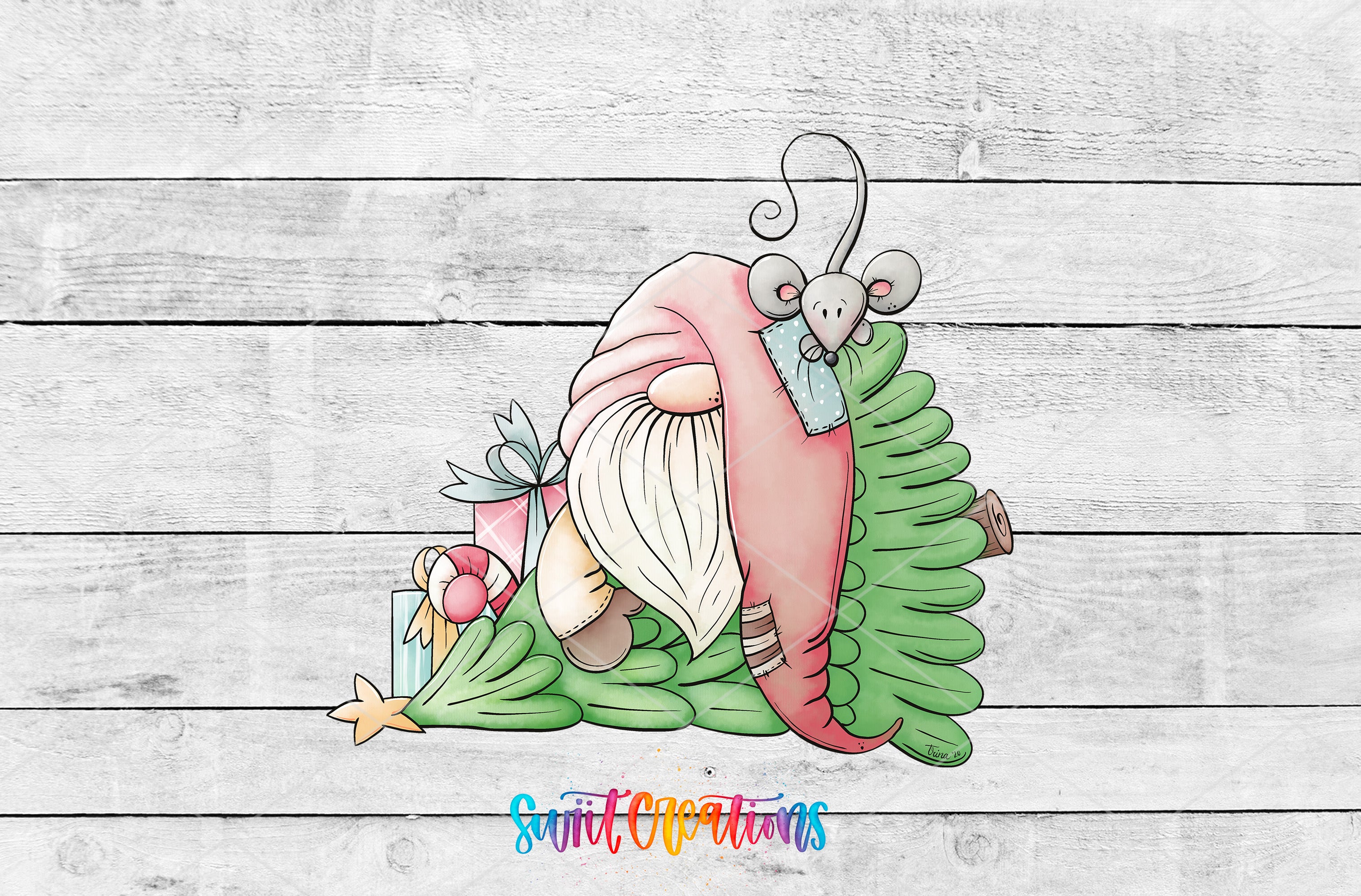 A whimsical illustration of a gnome sitting on a Christmas tree, surrounded by various holiday-themed objects such as a star, a gift, and a mouse.