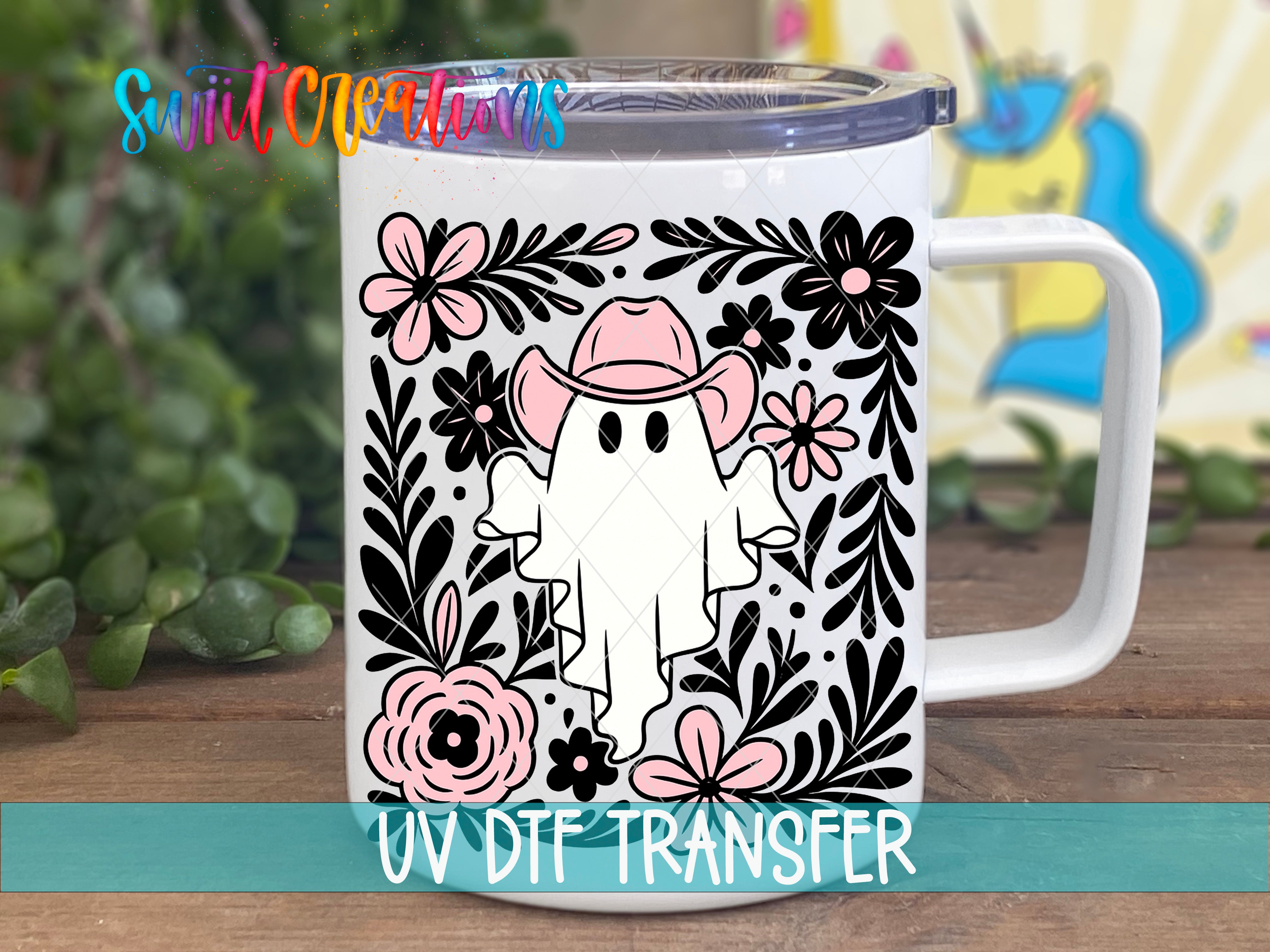 A mug with a floral design featuring a ghost wearing a cowboy hat, surrounded by various flowers and leaves.