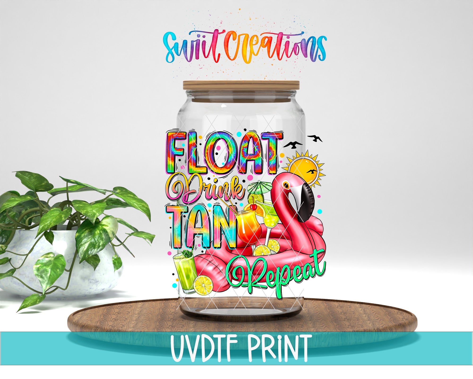 A colorful and vibrant illustration of a glass jar with a lid, featuring a pink flamingo, a sun, and various tropical fruits and flowers. The text on the jar reads "FLOAT DRINK TAN" and "Repetitive". The image is accompanied by the text "Swift Creations" and "UVDF PRINT".