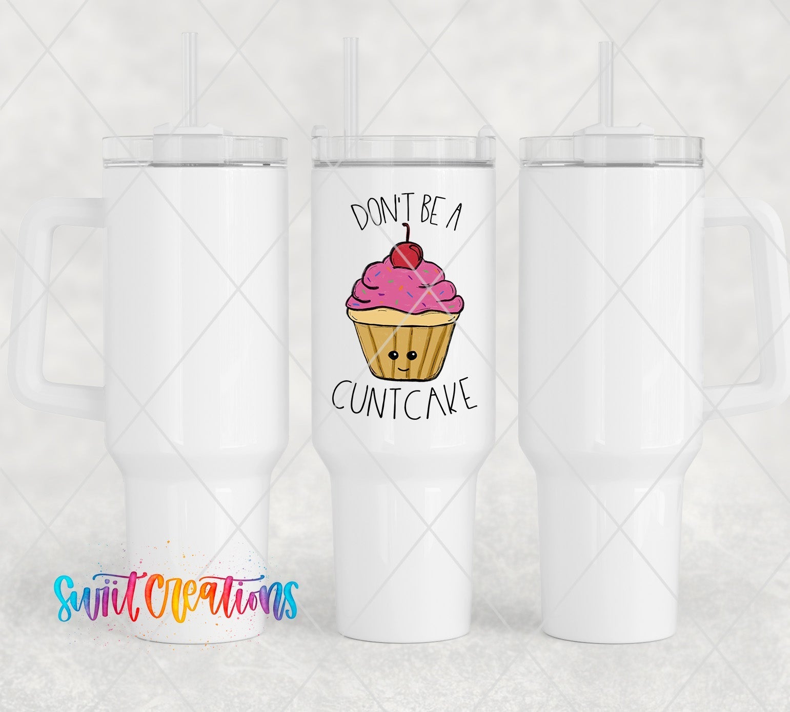 a white cup with a pink frosted cupcake on it