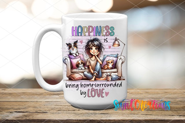 a coffee mug with a picture of a girl and her dog