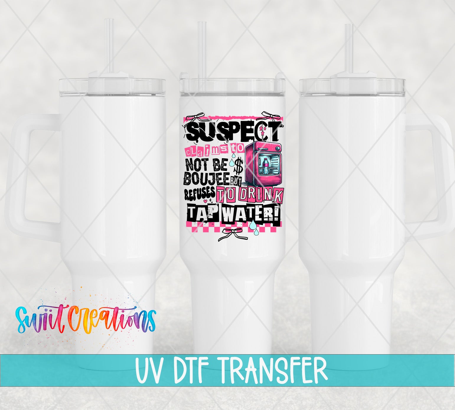 a white ceramic mug with a pink and black design, including text and graphics, and a straw.