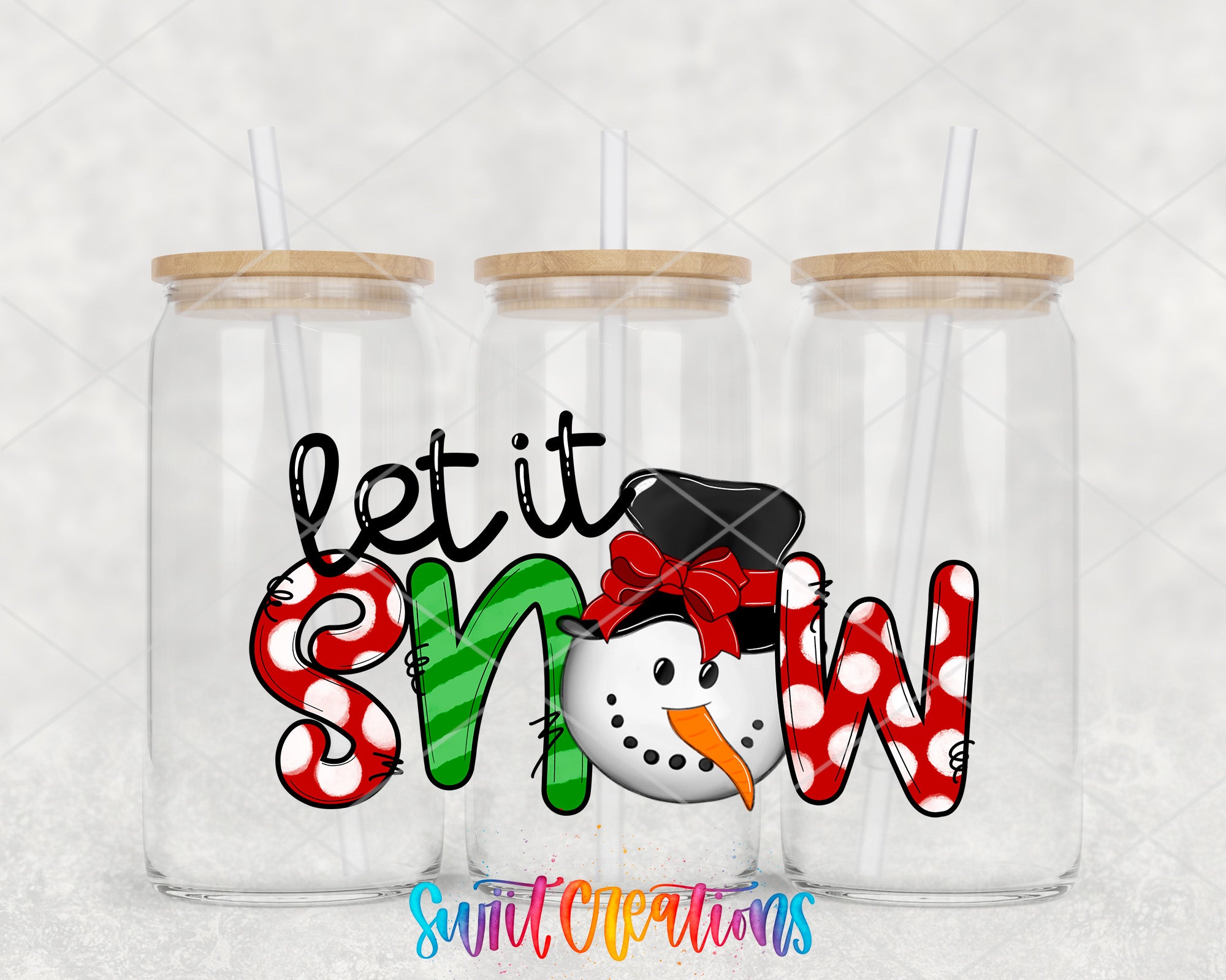 two clear jars with a snowman and candy canes in them