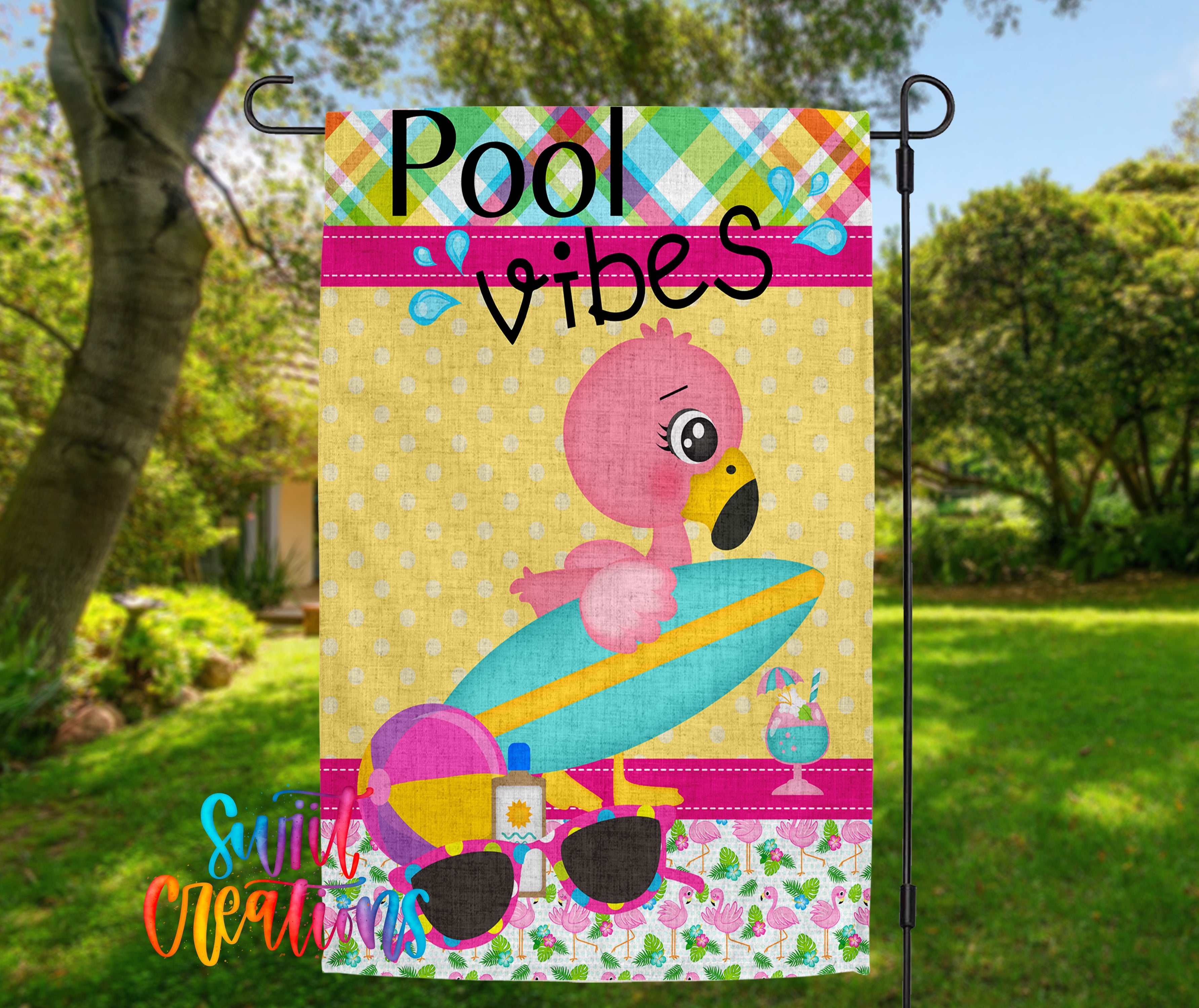 A colorful banner featuring a pink flamingo sitting on a surfboard, with the text "Pool vibes" and a beach-themed design.