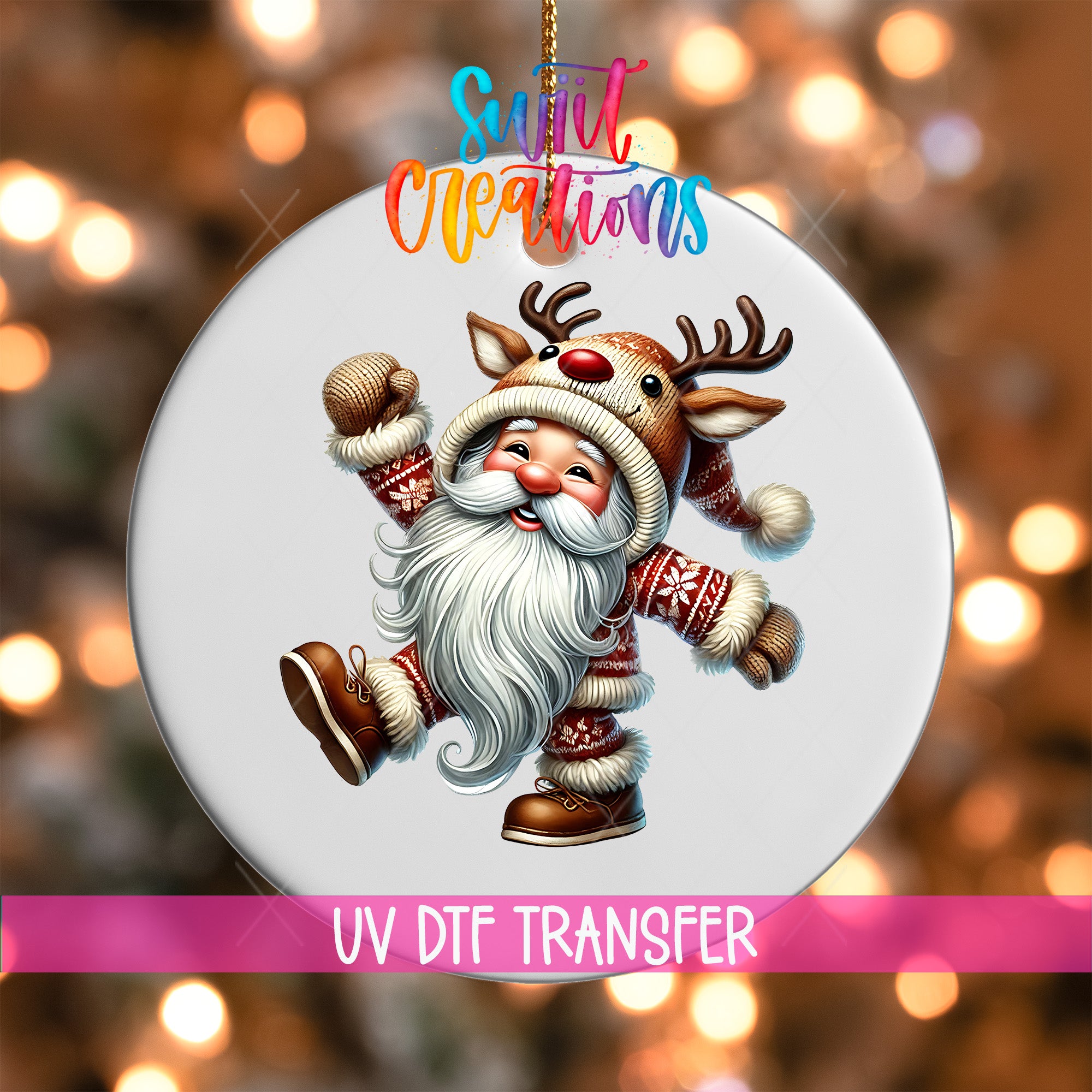 A white ornament with a cartoon image of Santa Claus wearing a reindeer hat and holding a snowman.