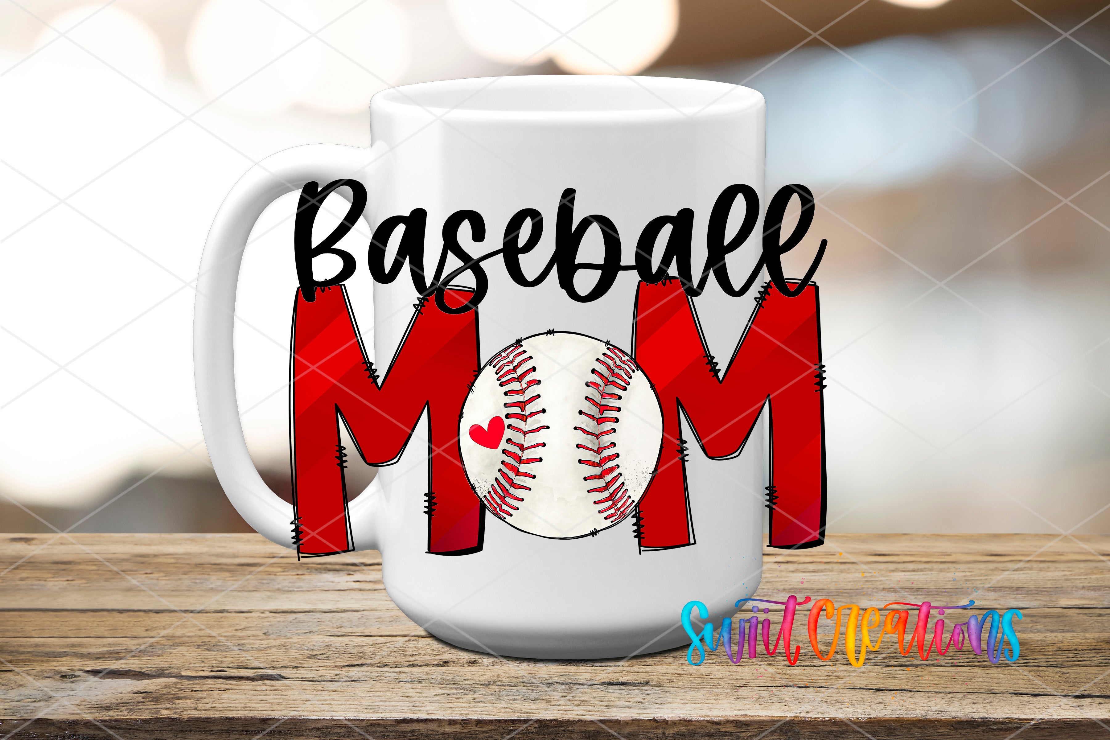 A white mug with the text "Baseball Mom" printed on it, along with a baseball graphic.