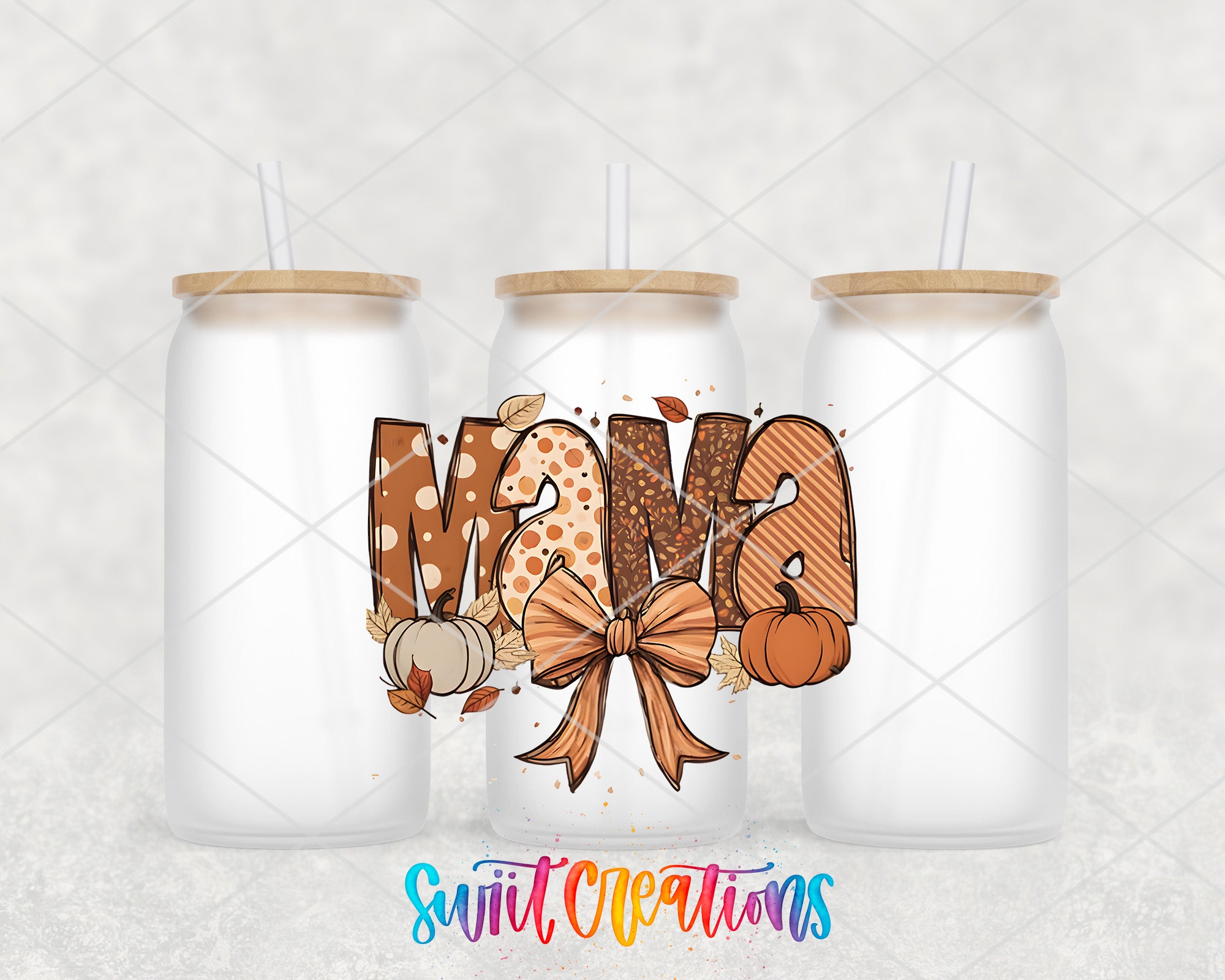 three personalized mason jars with a bow and pumpkins
