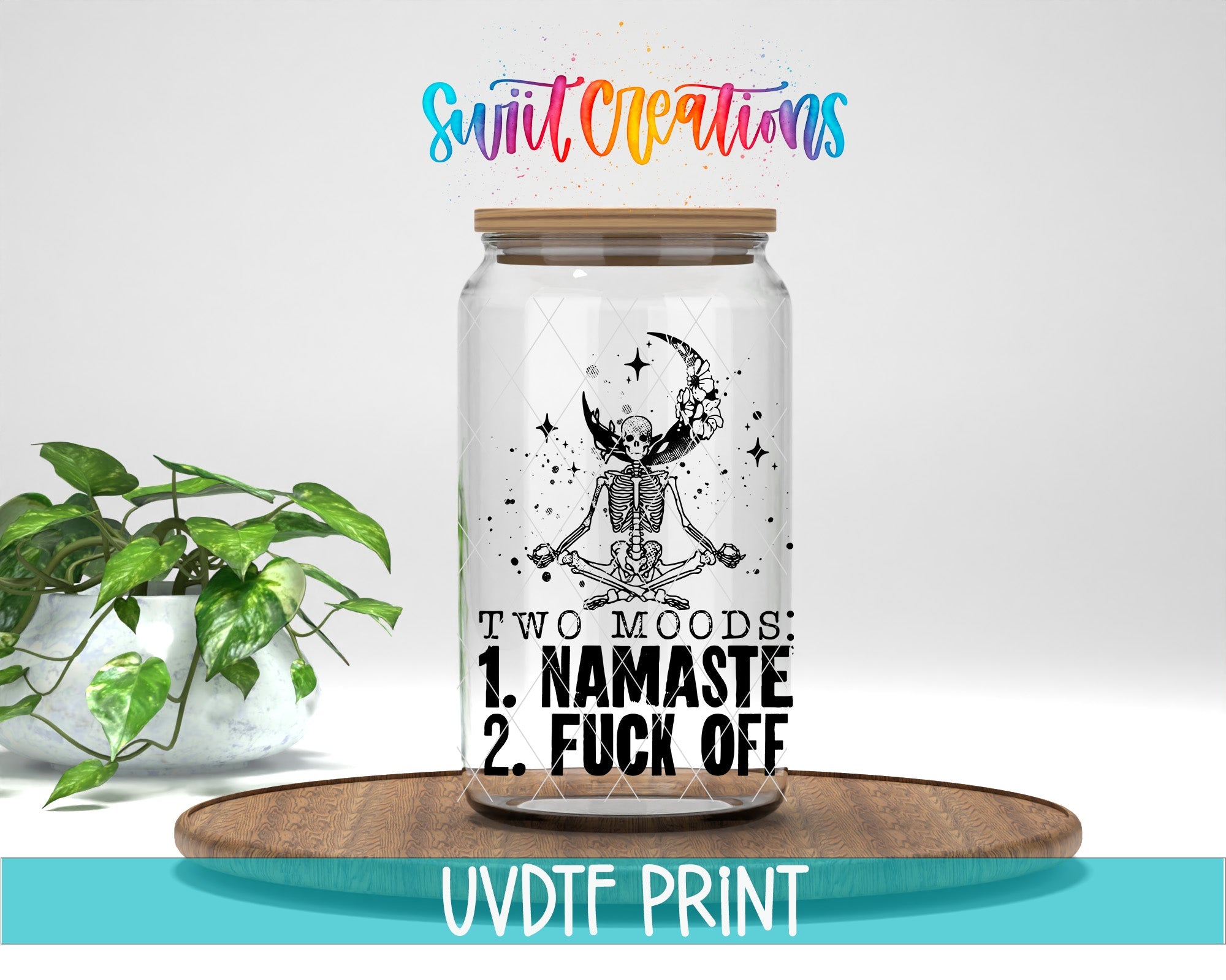a glass jar with a picture of a skeleton on it
