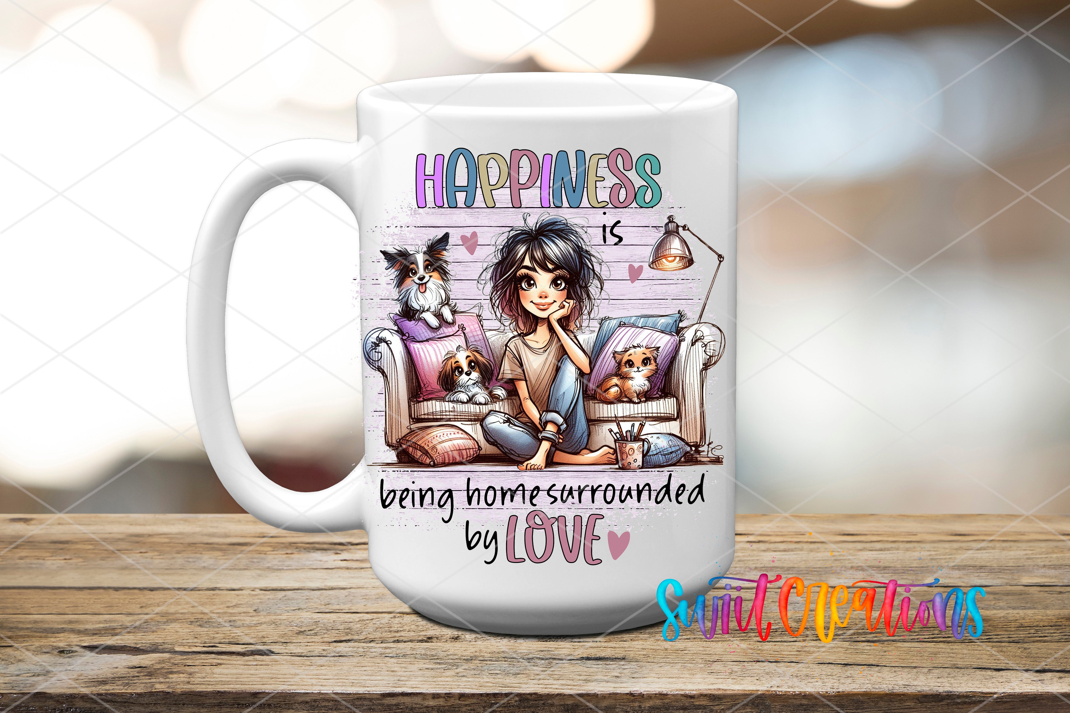 A white ceramic mug with a colorful illustration of a girl surrounded by dogs, along with the text "Happiness is being home surrounded by love".