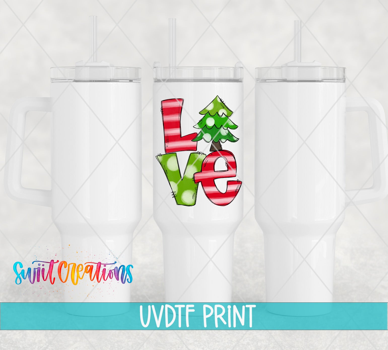 a set of three tumbles with the words love and a christmas tree