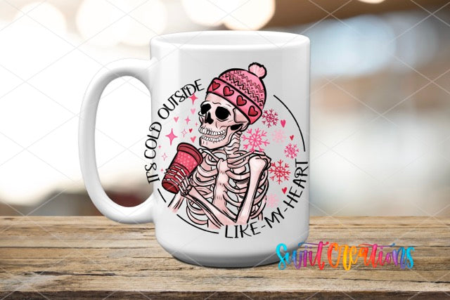 a coffee mug with a skeleton holding a cup of coffee