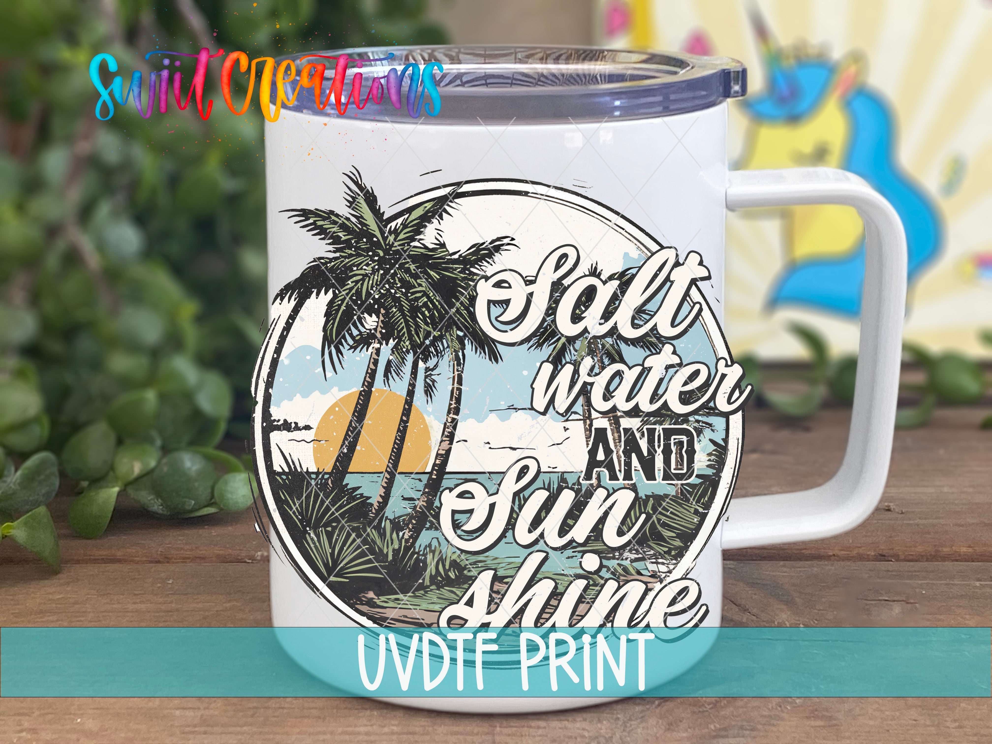 a white coffee mug with palm trees and the words salt water and sun shine under