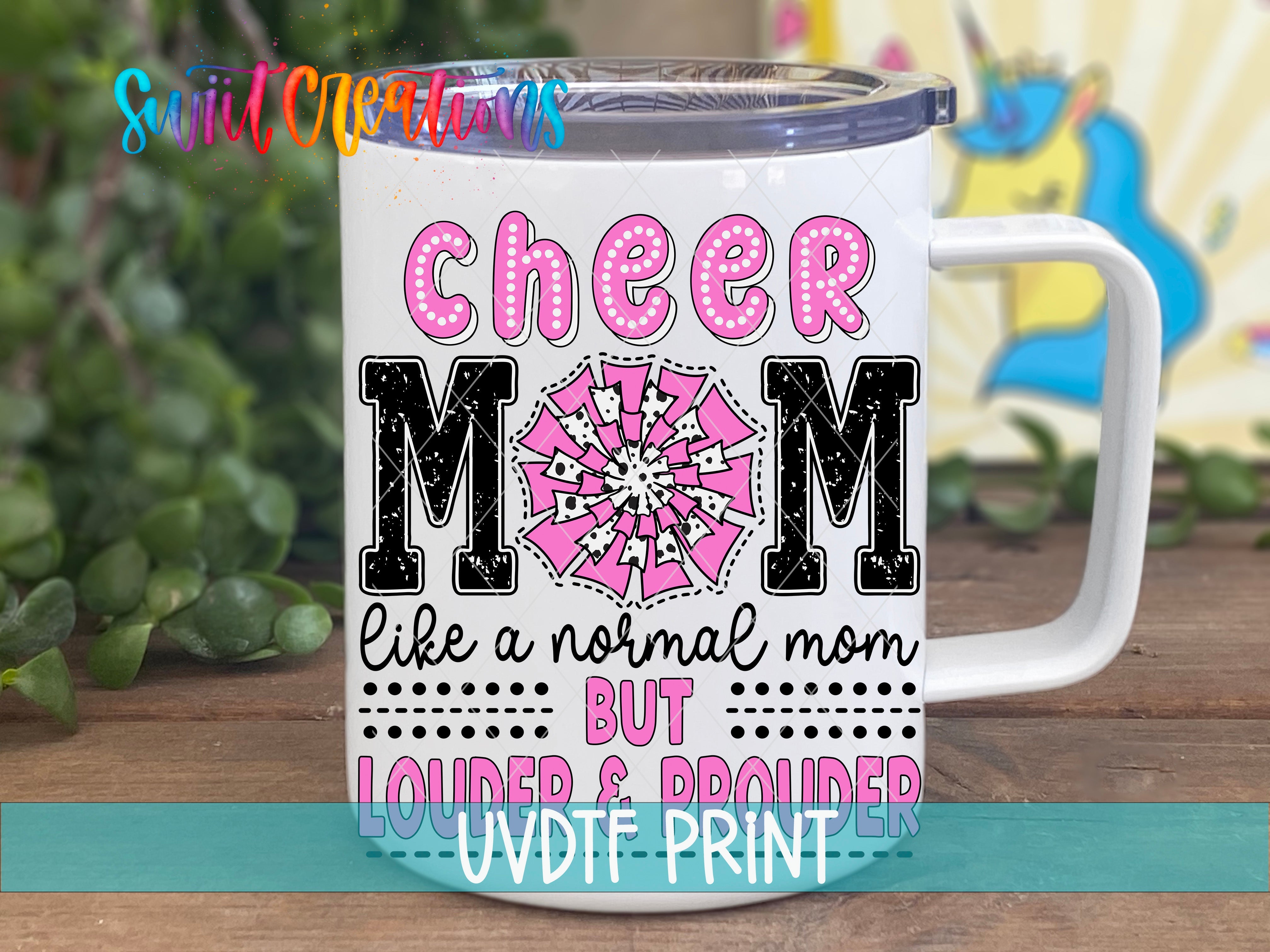 a coffee mug with the words cheer mom like a normal mom but louder and