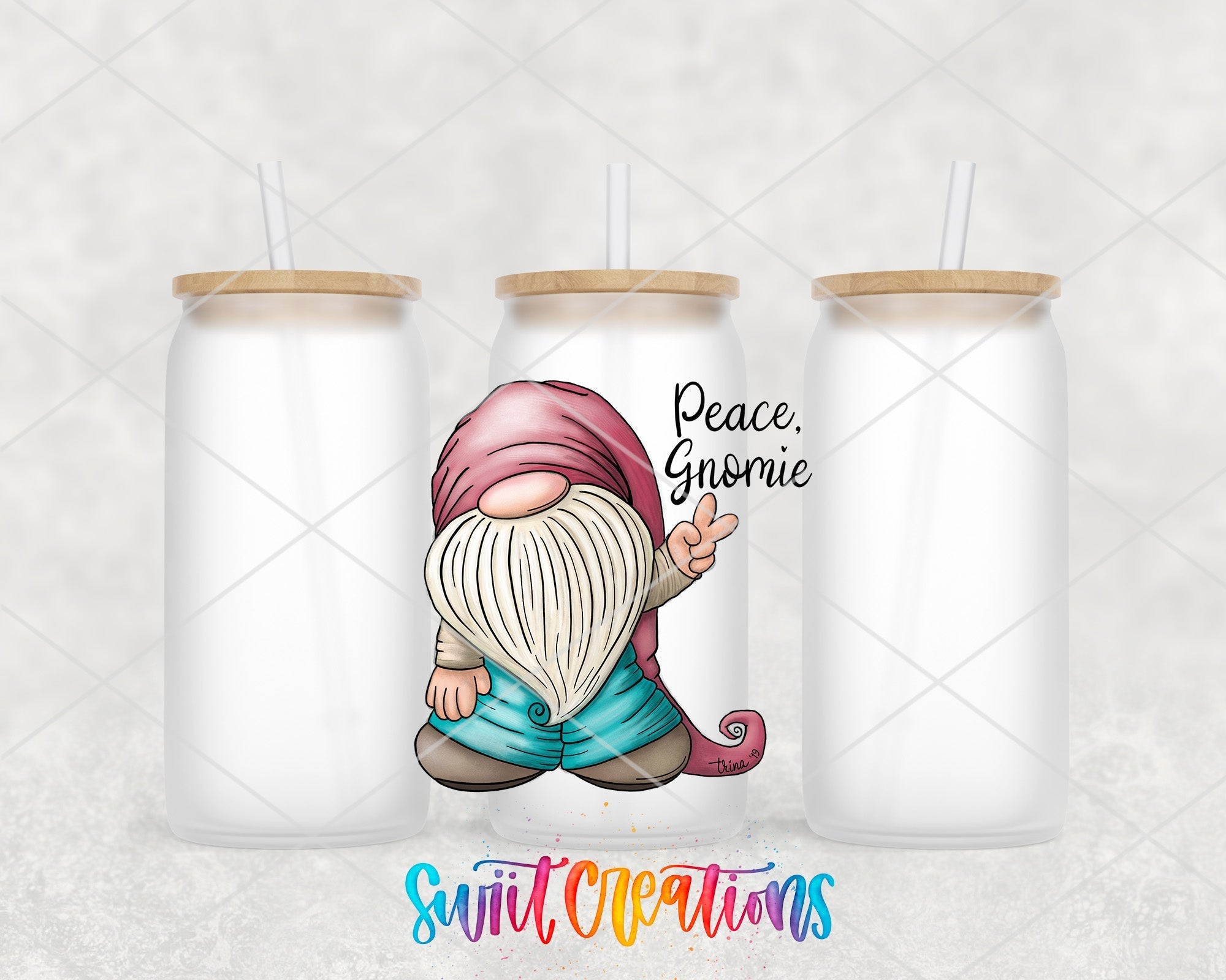 a couple of cups with a gnome on them
