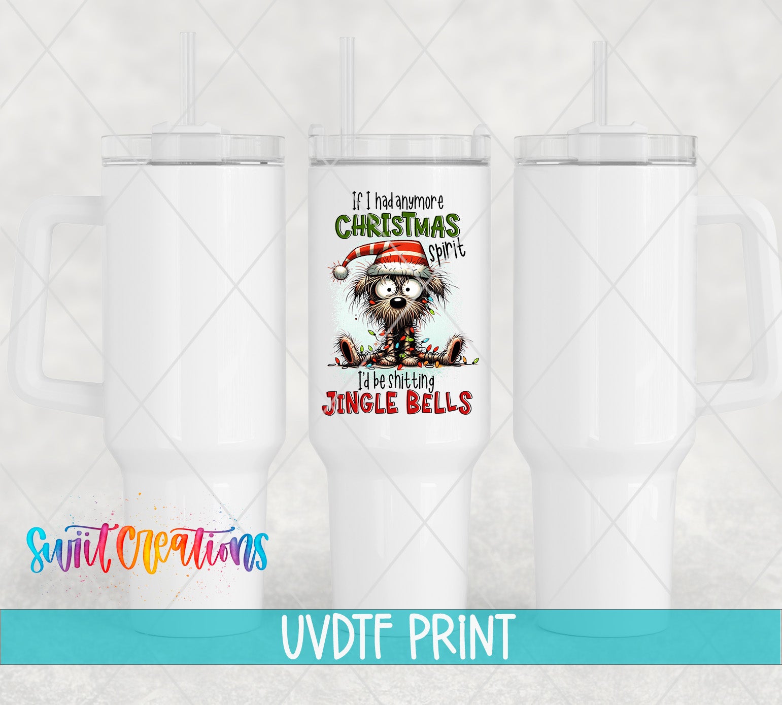 a white tumbler with a printed design on it, including a cartoon character and text.