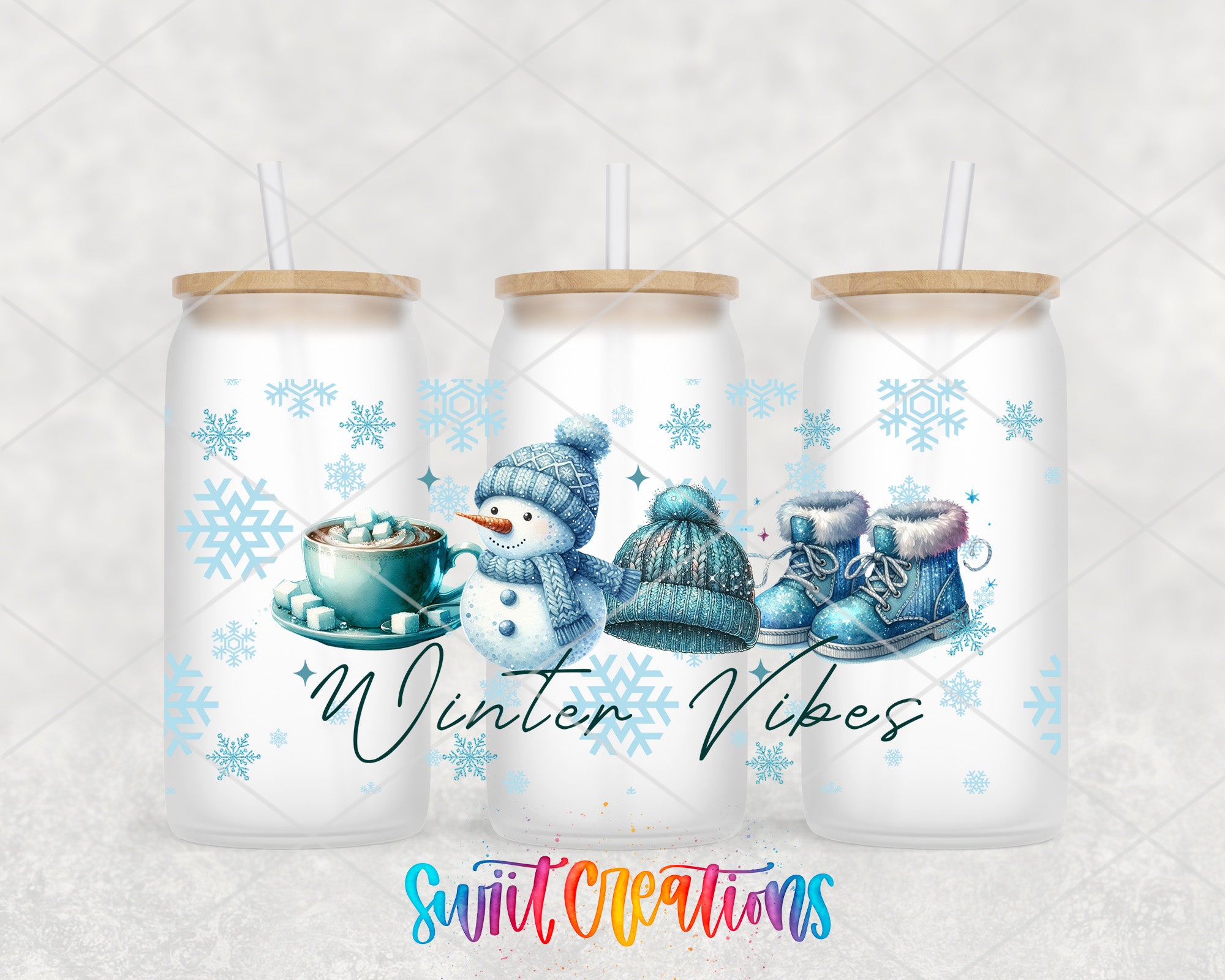 Three white tumblers with illustrations of a snowman, a cup of hot chocolate, and winter accessories, along with the text "Winter Vibes" and "Switcraft Creations" printed on them.