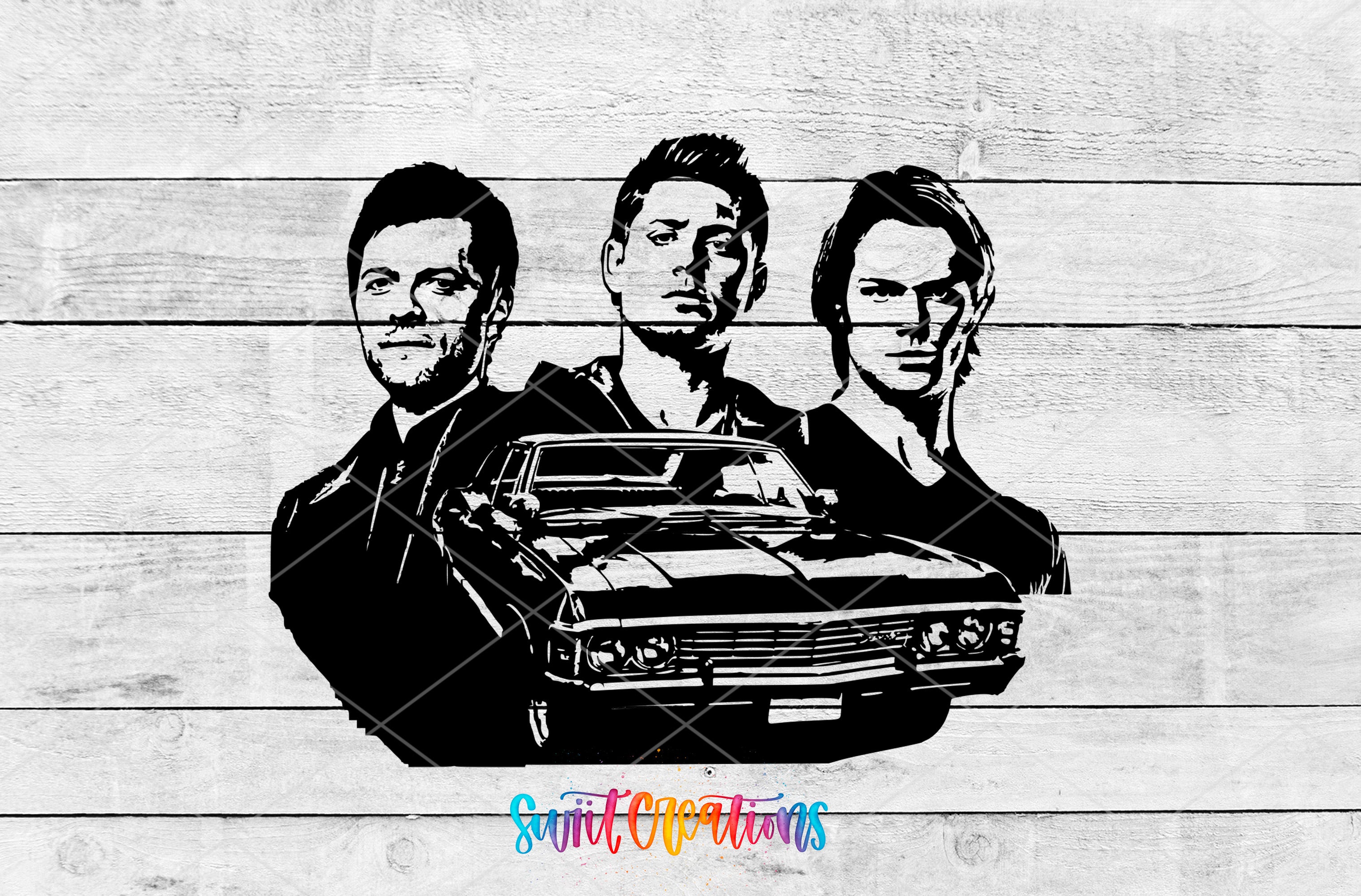 a drawing of three men holding a car