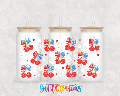 4th of July Cherries UV DTF wrap on three frosted glass cans