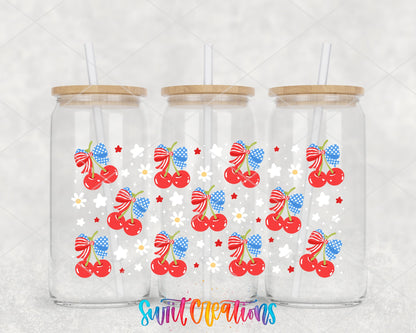4th of July Cherries UV DTF wrap on three glass cans