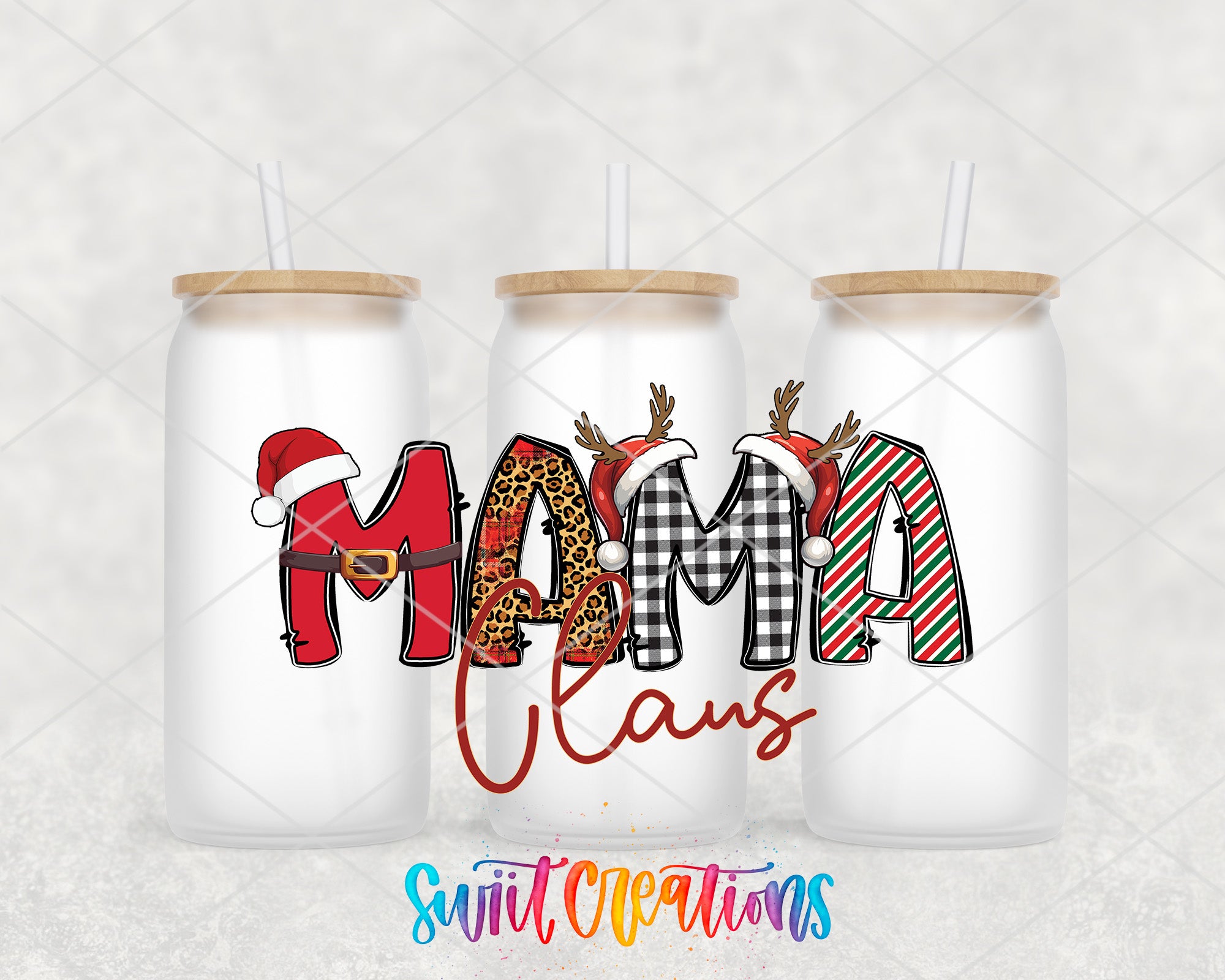 two personalized christmas mason jars with the word mama claus on them