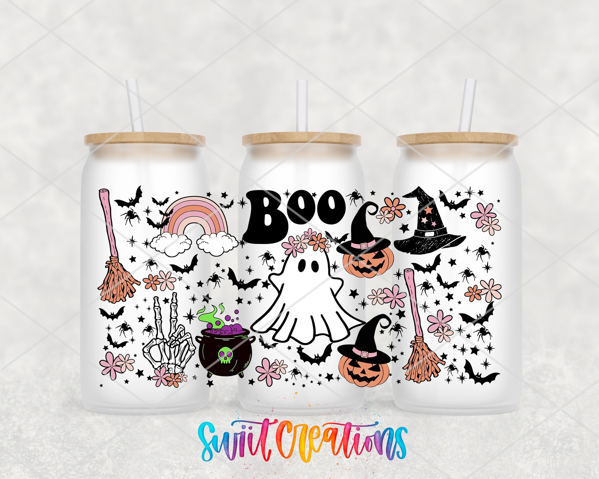 A trio of white tumblers with Halloween-themed designs, including a ghost, broomstick, pumpkin, and other spooky and whimsical elements.
