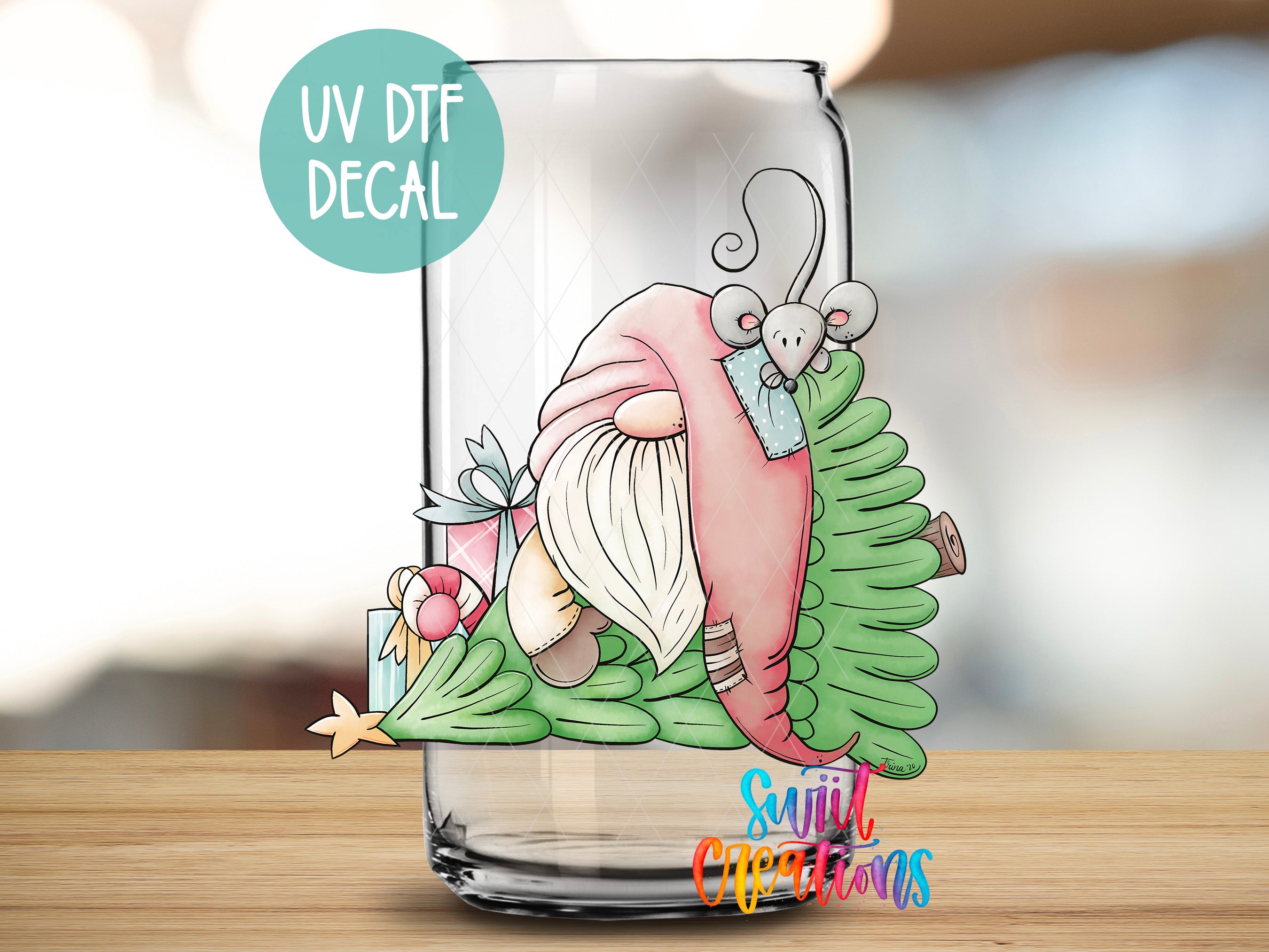A glass jar with a cartoon gnome and Christmas decorations on it, along with a UV decal.