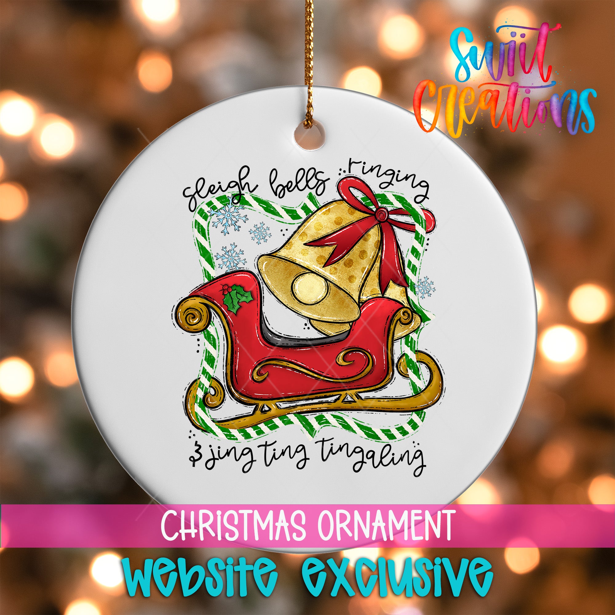 The image is a Christmas ornament with a red sleigh and a bell, hanging on a string. The ornament is described as a "Christmas ornament" and "Web site exclusive".