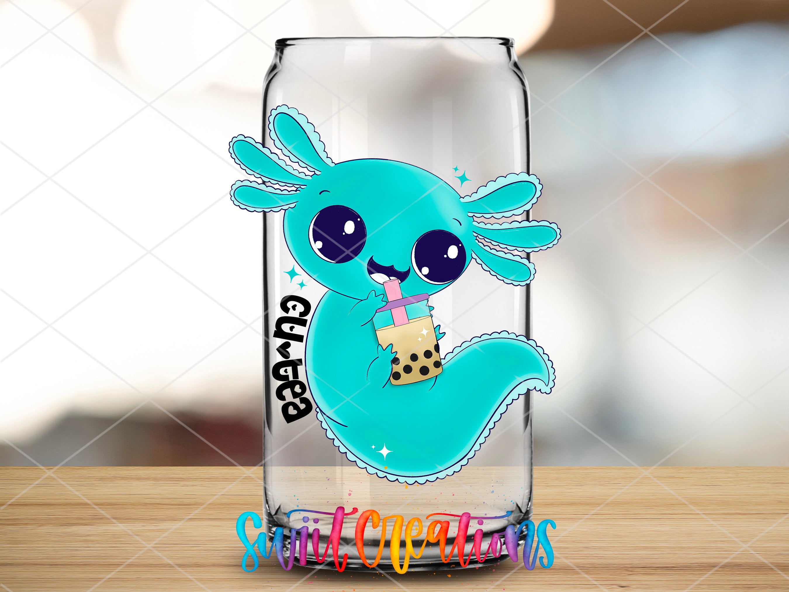 a glass with a cartoon character on it