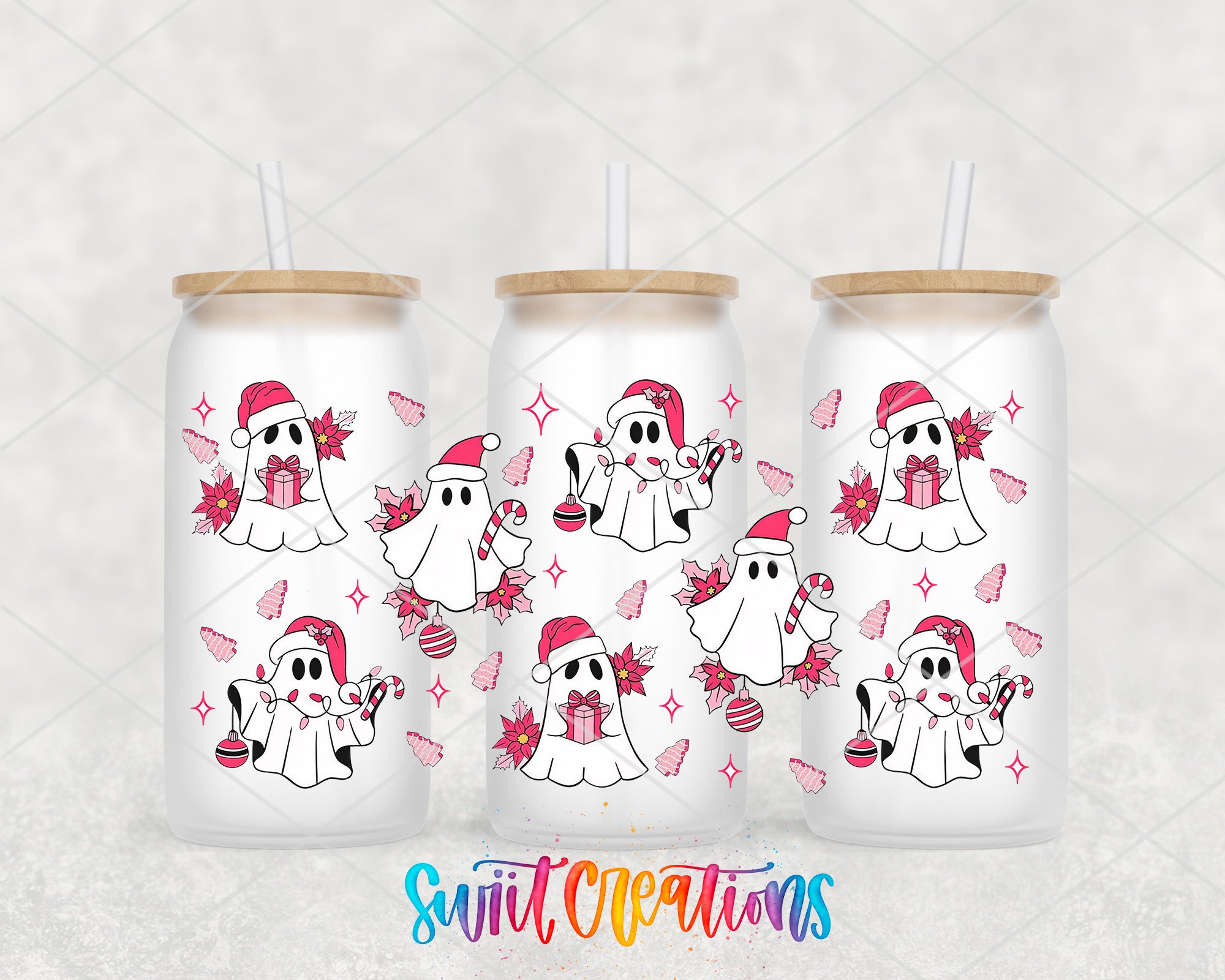 a couple of white dogs wearing santa hats