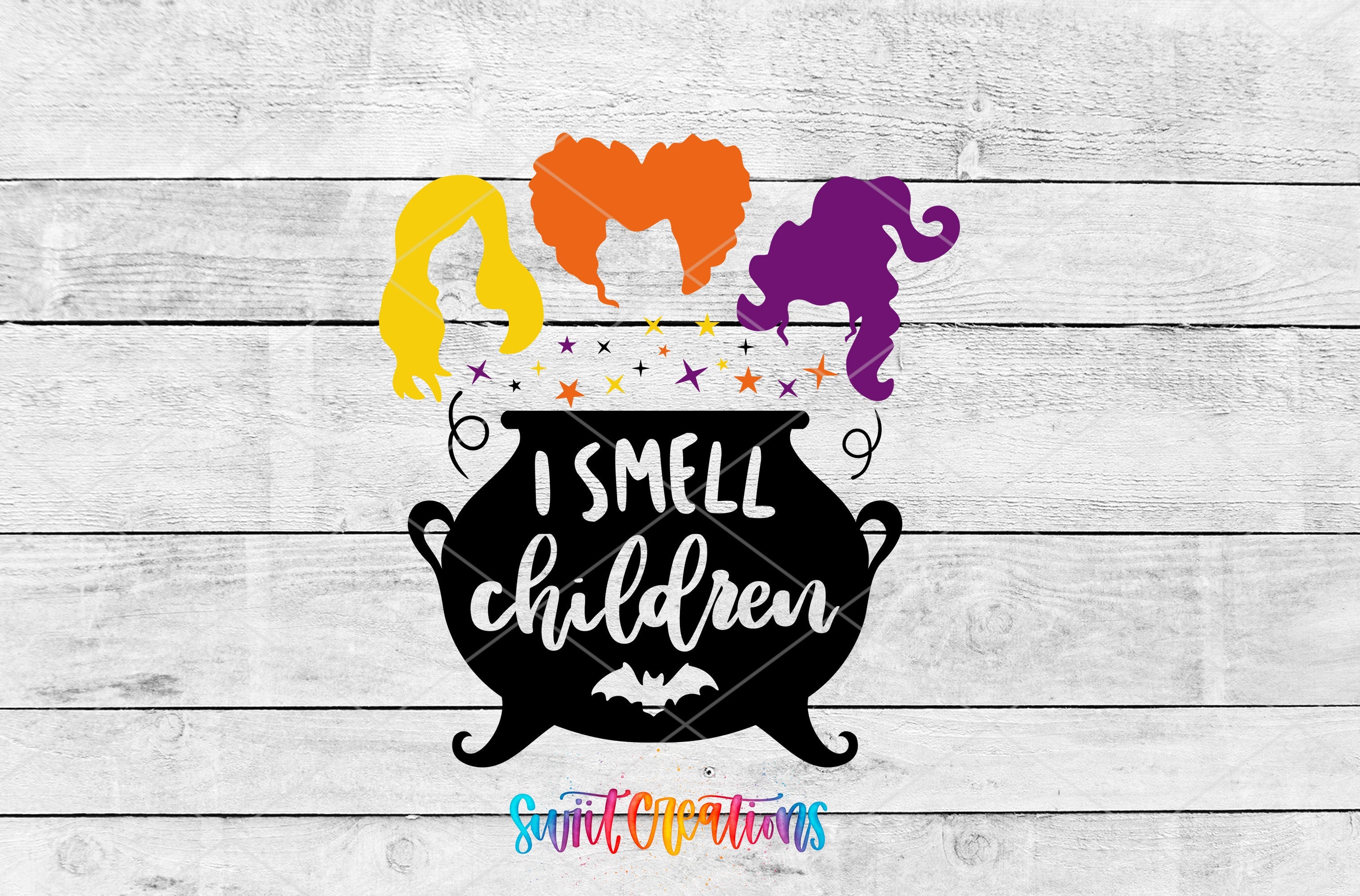 a witch pot with witches on it saying i smell children