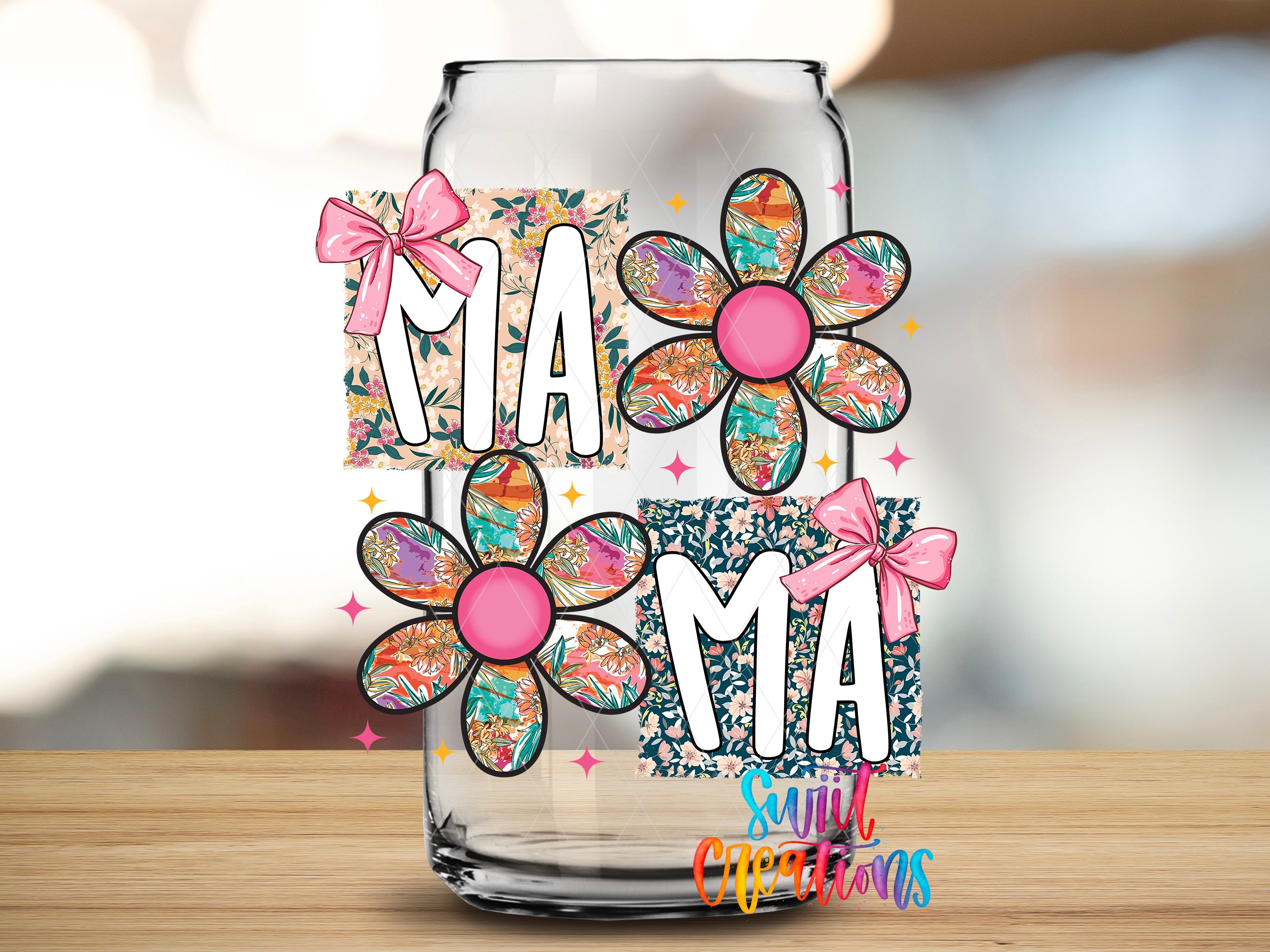 A glass jar with the word "Mama" written on it, surrounded by colorful floral designs and bows.