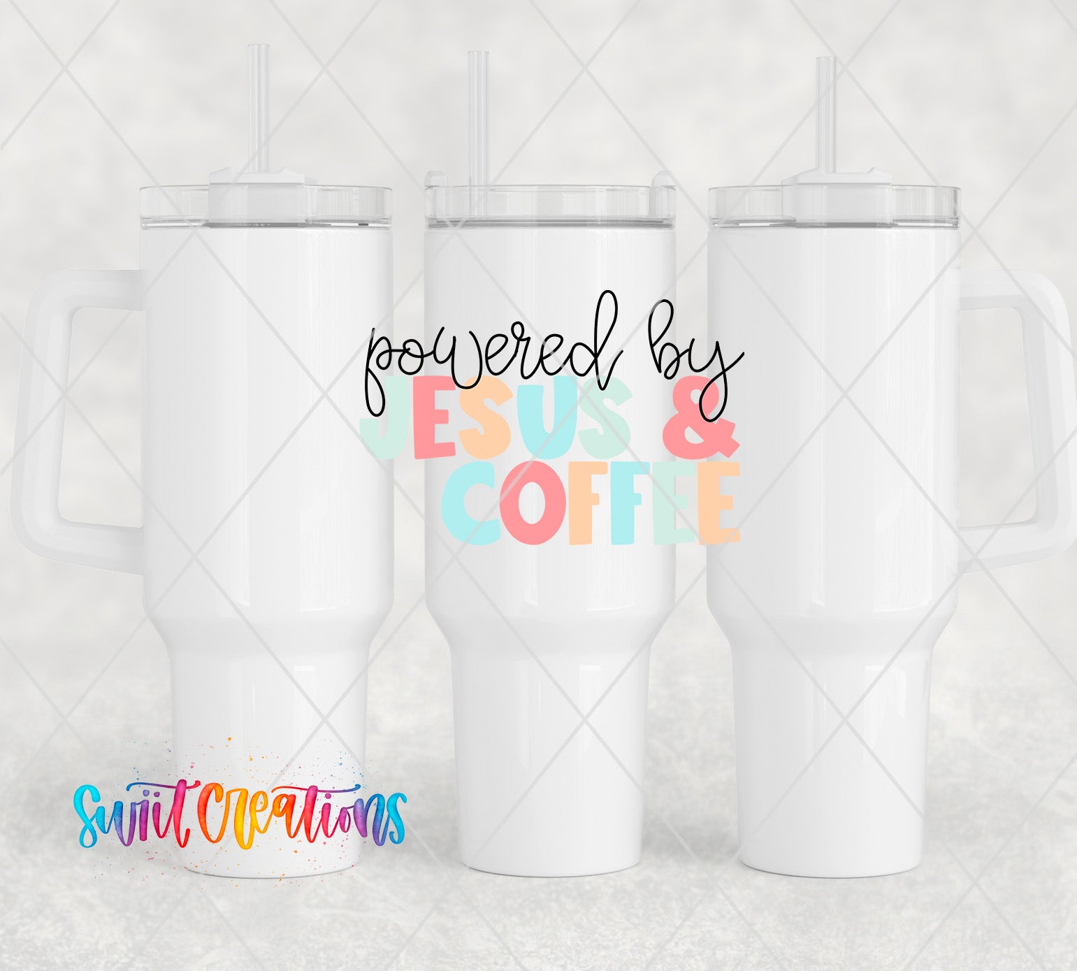 three coffee mugs with the words powered by jesus and coffee