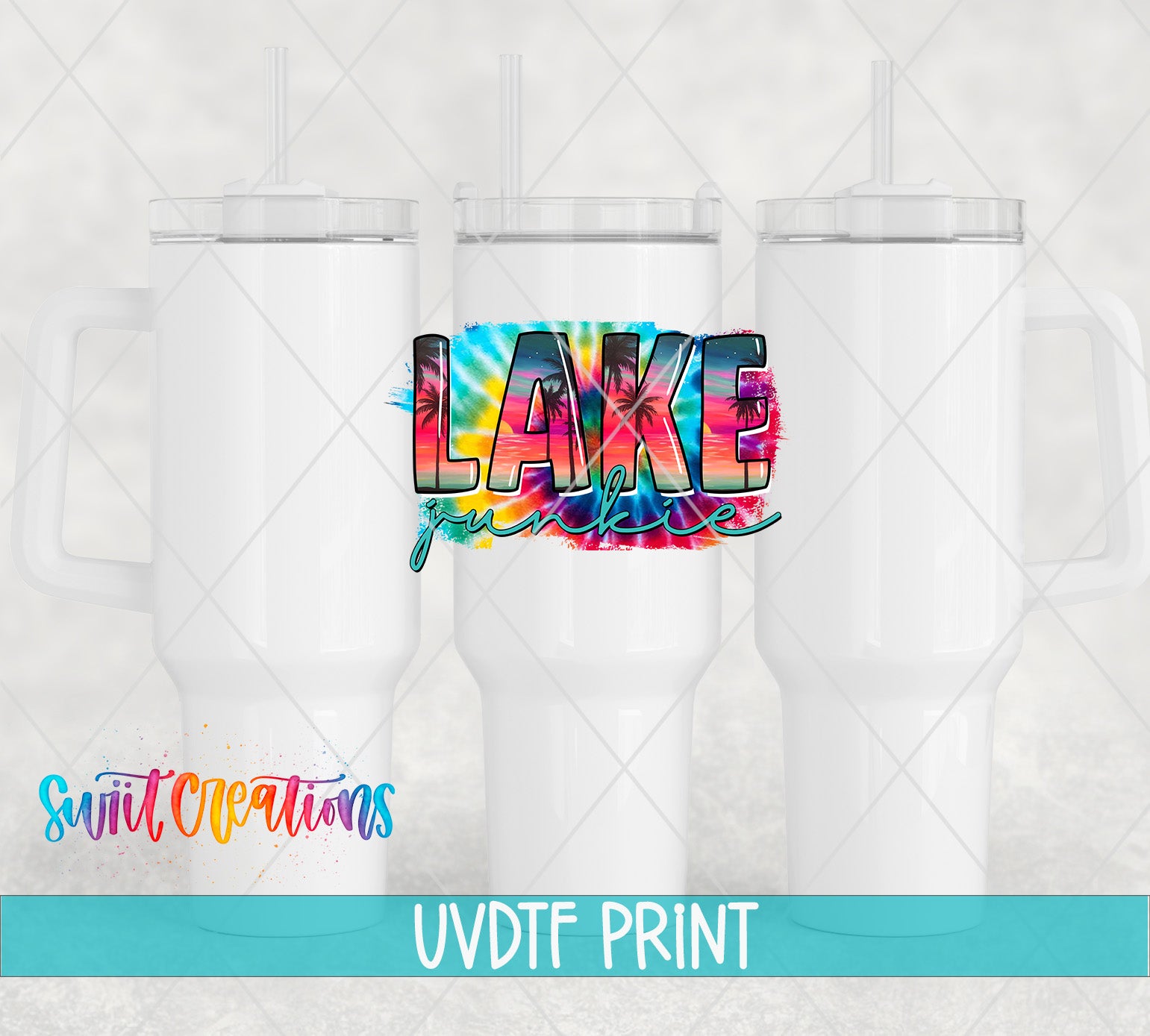 three white tumblers with a colorful tie-dye design on the front, along with the text "LAKES" and "Swift Creations" printed on them.