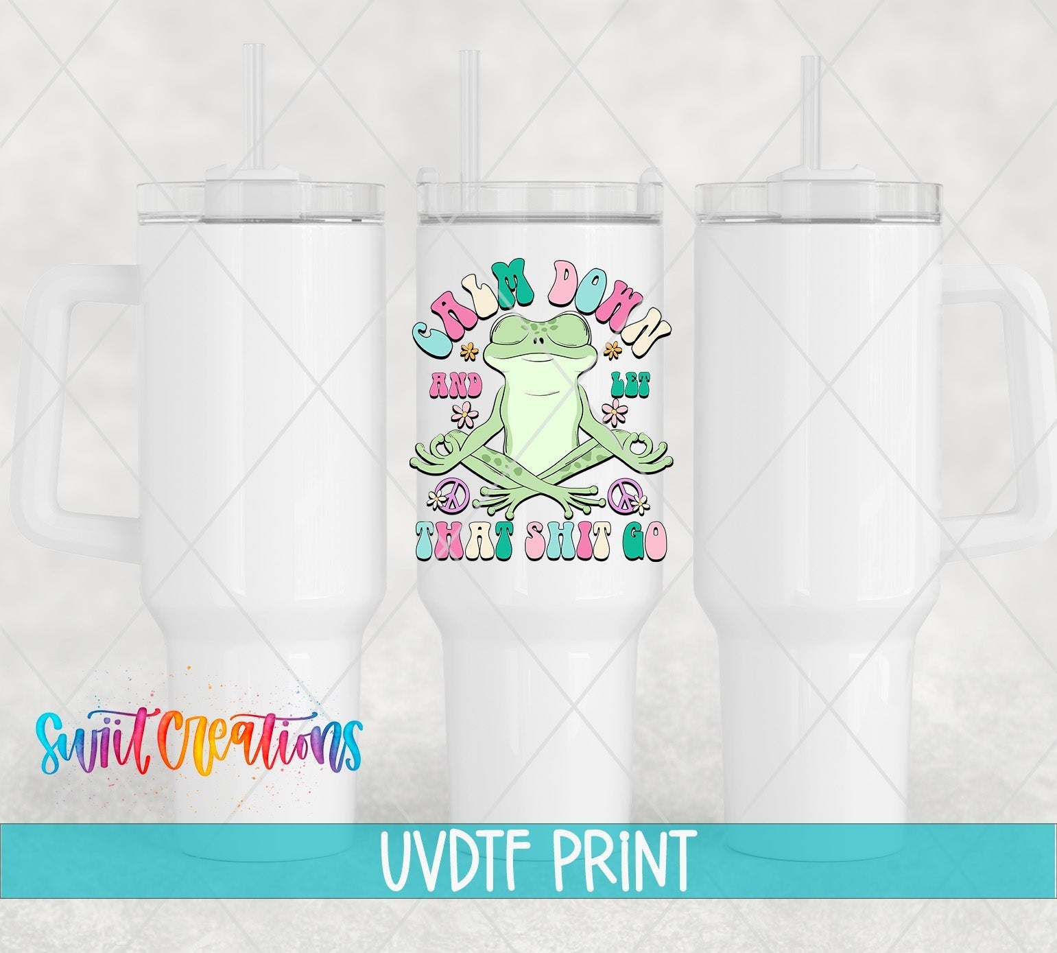 a set of three white tumblers with a frog on it