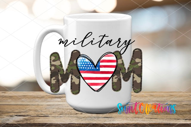 a coffee mug with the words military mom on it