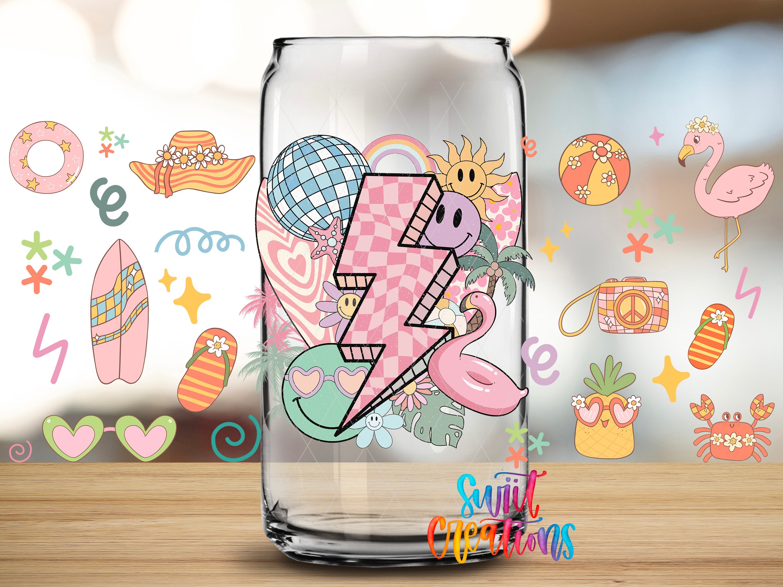 a glass jar with a colorful and whimsical design, including various beach-themed elements such as a flamingo, a lightning bolt, and a palm tree.