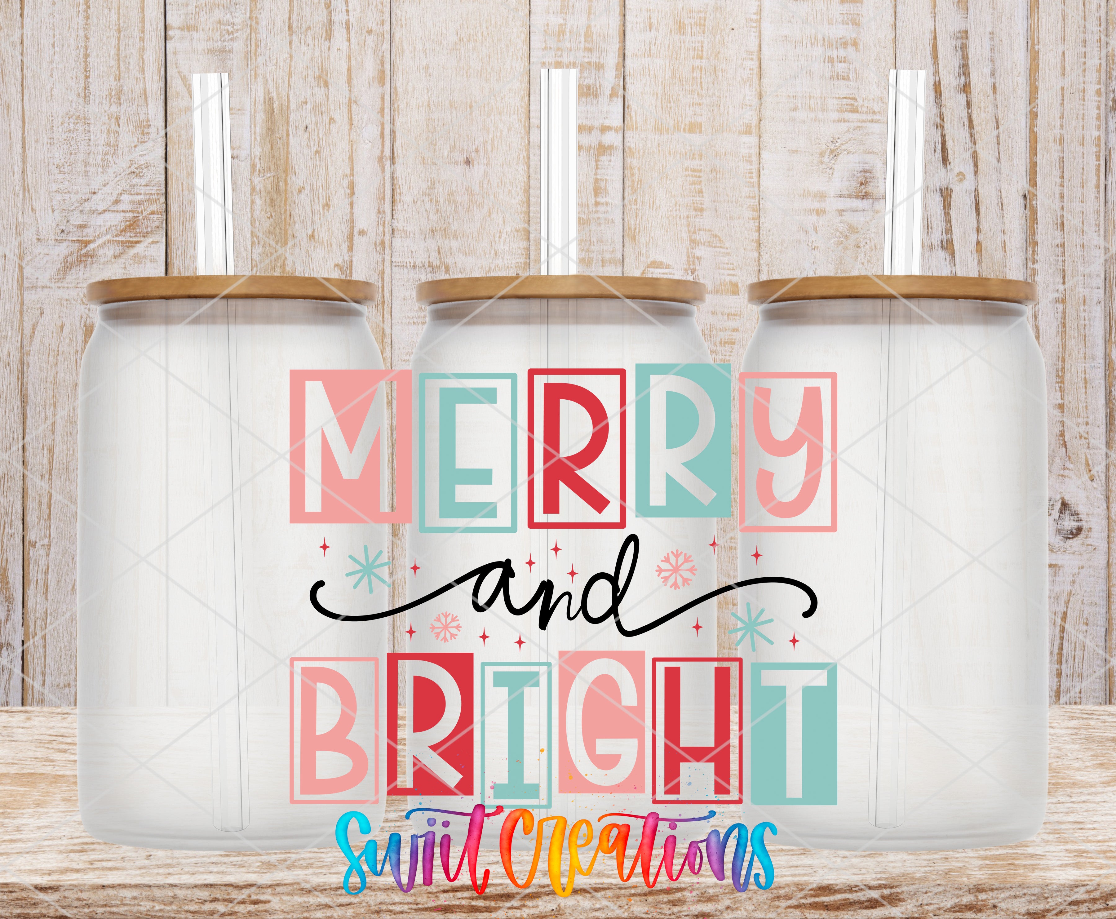 three glass jars with lids, arranged in a row against a wooden background. The jars have straws sticking out of the lids. The text "MERRY and BRIGHT" is displayed in a colorful, stylized font in the center of the image.